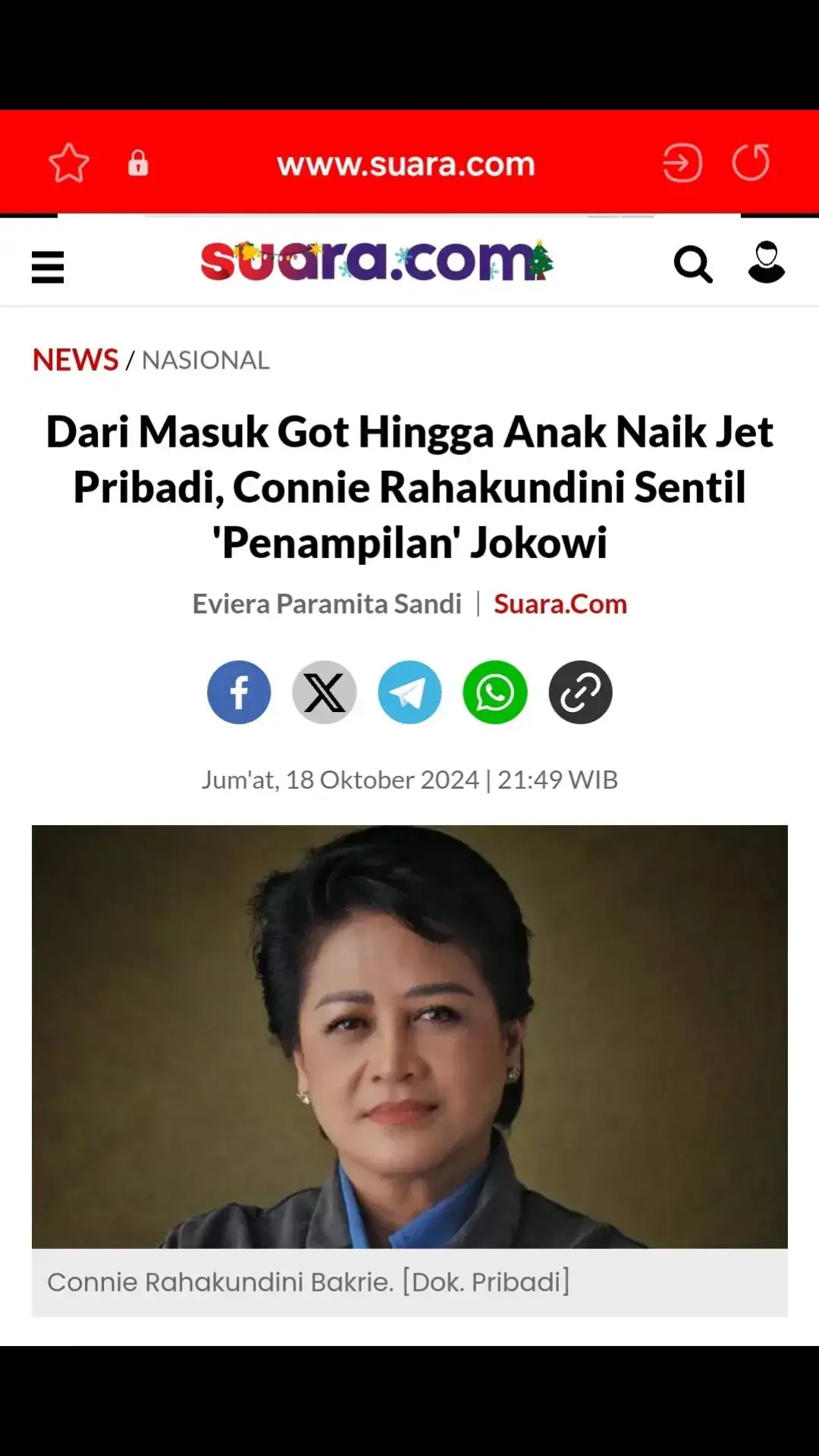 Suara.com - Pengamat Militer Dan Intelejen, Prof. Connie Rahakundini Bakrie mengaku miris dengan keadaan politik Indonesia saat ini.  Berbagai macam masalah bermunculan di 10 tahun terakhir masa pemerintahan Presiden Joko Widodo (Jokowi). Bahkan, di detik-detik terakhir masa jabatannya, anak-anaknya pun masih mendatangkan masalah baru hingga membuat citra keluarganya tercoreng habis-habisan. Secara blak-blakan mengungkapkan kekecewaannya dengan sang pemimpin, Prof. Connie berani menyebut bahwa jangan sampai ada pemimpin seperti Mulyono lagi. “Nah amit-amit juga, kita tu jangan sampai punya Mulyono kedua, itu pemimpin yang harus dihindari,” ujar Prof. Connie, dikutip dari youtube Abraham Samad, Jumat (18/10/24).  “Jangan sampai kita punya Mulyono baru,” tegasnya lagi. Prof. Connie sontak memperumpamakan dengan momen pernikahan anaknya. Saat itu ia pasti akan melihat bibit, bebet, dan bobot calon menantunya terlebih dahulu sebelum melanjutkan ke jenjang serius. “Saya inget dulu nenek bilang, ‘kamu kalau mau nikah dan anakmu nanti kalau mau nikah cari ya bibit, bebet, bobot,” ujarnya. Sehingga menurutnya, urusan bibit, bebet, bobot ini sepertinya harus diterapkan dalam hal memilih seorang pemimpin negara. “Jadi setelah kejadian Pak Mulyono ini, bibit bobot bebet itu penting lo,” sebutnya. “Ya pokoknya bibit bebet bobotnya nggak jelas, ya seperti ini hasilnya, ngeri kan. Kalau buat anak kita aja penting bibit. Bobot, bebet, apalagi buat pemimpin negara?,” tambahnya. Prof. Connie merasa kecewa bahkan sudah tertipu habis-habisan dengan seorang Mulyono yang tak lain adalah Jokowi. “Saya pikir, saya itu orang yang sudah cukup matang untuk tidak mudah ditipu oleh penampilan. Tapi saya adalah kaum tertipu,” ucapnya. “Penampilannya polos, baik, masuk-masuk got, masuk-masuk kampung, sekarang? Coba kita lihat, penampilannya dia begitu, anaknya terbang pakek pesawat yang mungkin cuman Elon Musk yang bisa pakek,” urainya. https://www.suara.com/news/2024/10/18/214918/dari-masuk-got-hingga-anak-naik-jet-pribadi-connie-rahakundini-sentil-penampilan-jokowi?utm_source=whatsapp&utm_medium=share