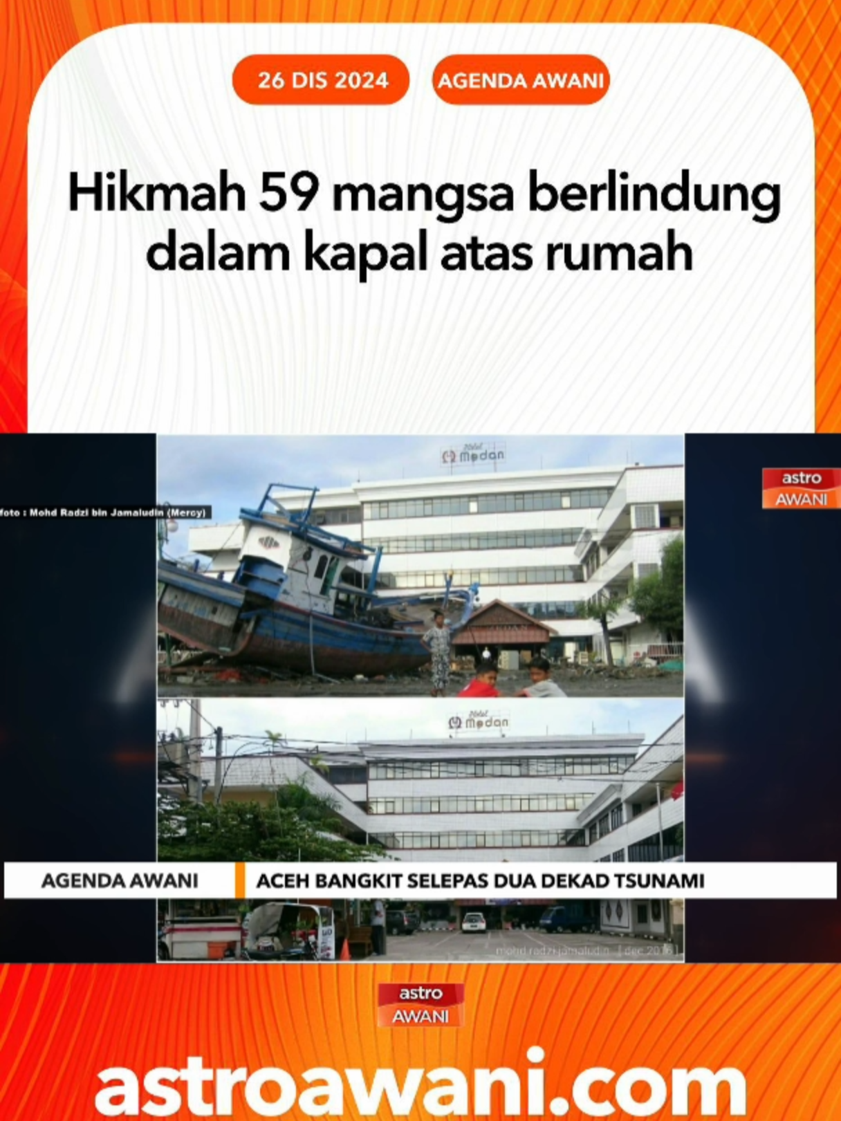 Mangsa Tsunami 2004 dan penduduk Desa Lampulo, Nilawati berkata 59 mangsa tsunami yang berlindung dalam Kapal Ampung Lampulo semasa bencana tsunami di Aceh pada 2004 yang lalu meninggalkan hikmah yang sangat mendalam. Jelasnya, kebergantungan tidak berbelah bahagi kepada tuhan membuka rezeki diselamatkan daripada ombak dahsyat berkenaan. #AgendaAWANI #AWANInews