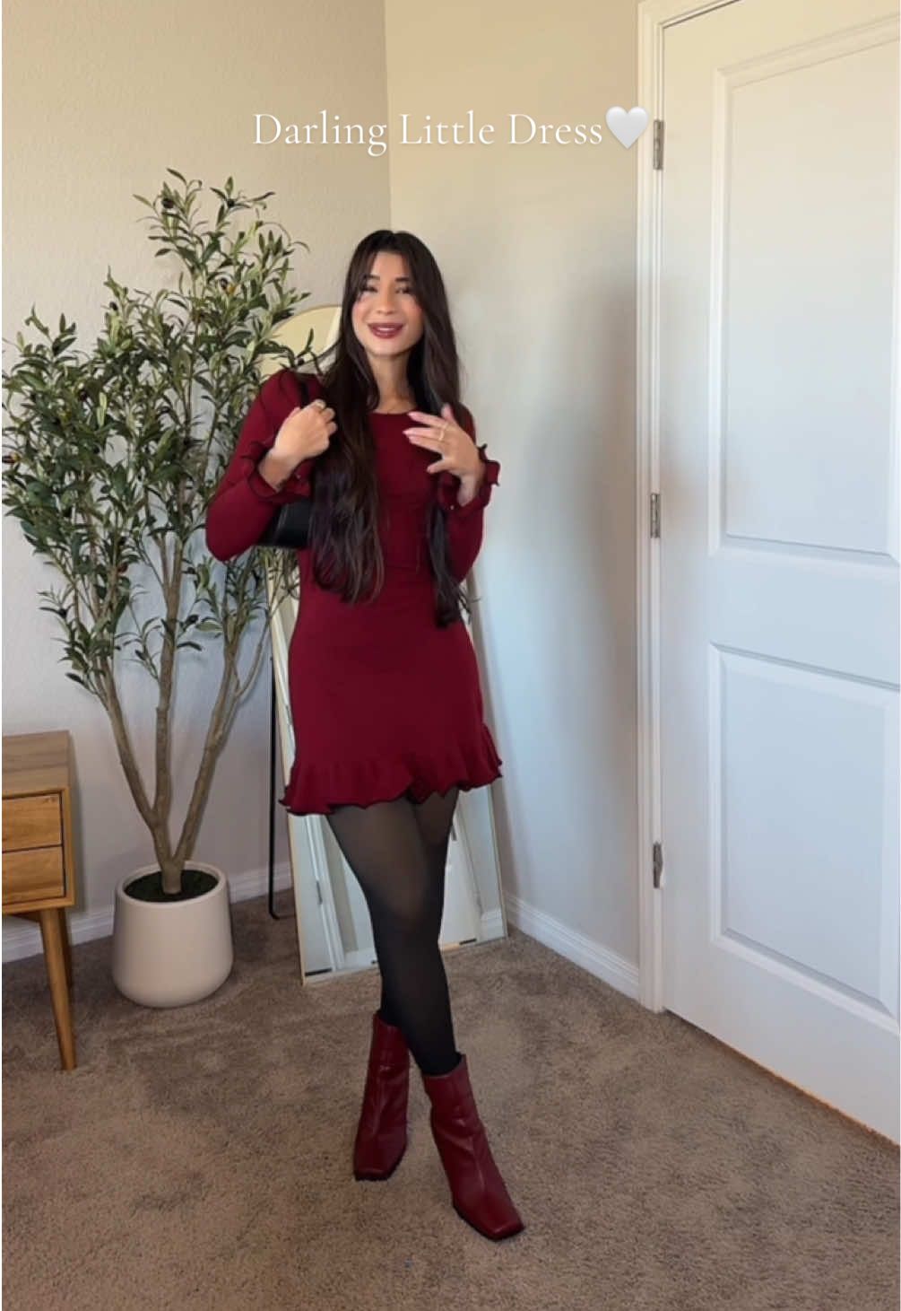 Totally obsessed 🤍 #reddress #cuteoutfits #slingbackheels #petitefashion #fashionfinds #giftguide #ttsdelightnow #minidress #ongsleevedress #sweaterdress #winterdress