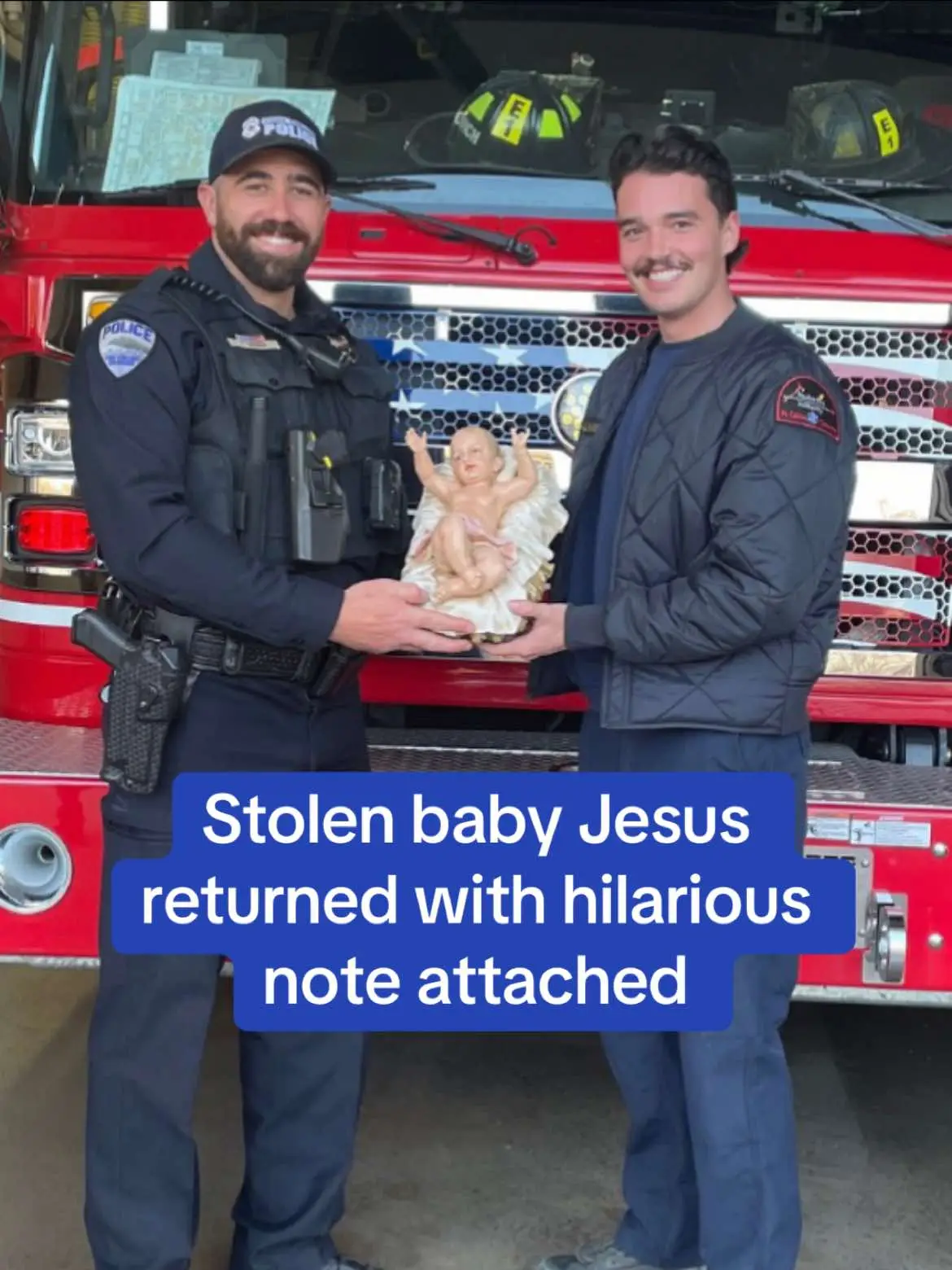 A baby Jesus figurine which was stolen from a nativity scene has been returned to authorities alongside a hilarious note of contrition. The Jesus doll was anonymously dropped off at the local fire station four days after it vanished from a Christmas display in Fort Collins, Colorado. 'I'm really sorry,' a note read from the thief read. 'I made a dumb mistake in the moment, it won't happen again.' On December 17, local police released a photograph of a young person clutching baby Jesus in his hands. 'This Grinch tried to ruin Christmas by stealing the Baby Jesus from the Old Town Square nativity scene,' authorities wrote in a post sharing the picture widely. Locals were urged to report any further information about the suspect's identity. 'It's a Christmas miracle,' one person wrote after the doll's safe return. 'He just needed a little time with the Lord.' Read the full story on DailyMail.com. #christmas #jesus #thief