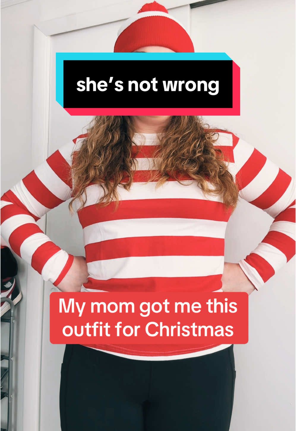 My mom got me this outfit for Christmas. My mom is eclectic and I am the eldest daughter 🤣 #christmasgift #christmas2024 #christmas #surprise #whereswaldo #over30 #eldestdaughter #MomsofTikTok #creatorsearchinsights 