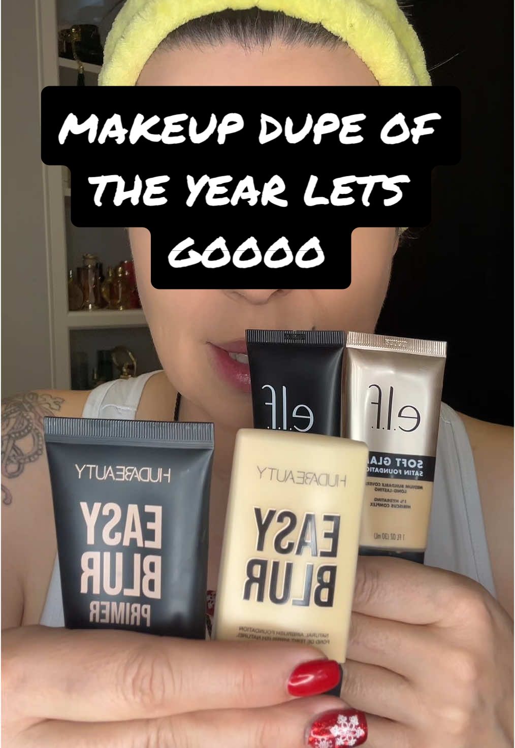 That’s right Huda V ELF #makeupdupe #makeupduperalert #hudabeauty #elfcosmetics #hudabeautyeasyblur #elfcosmeticsliquidputtyprimer #easyblurfoundation #softglowfoundation 