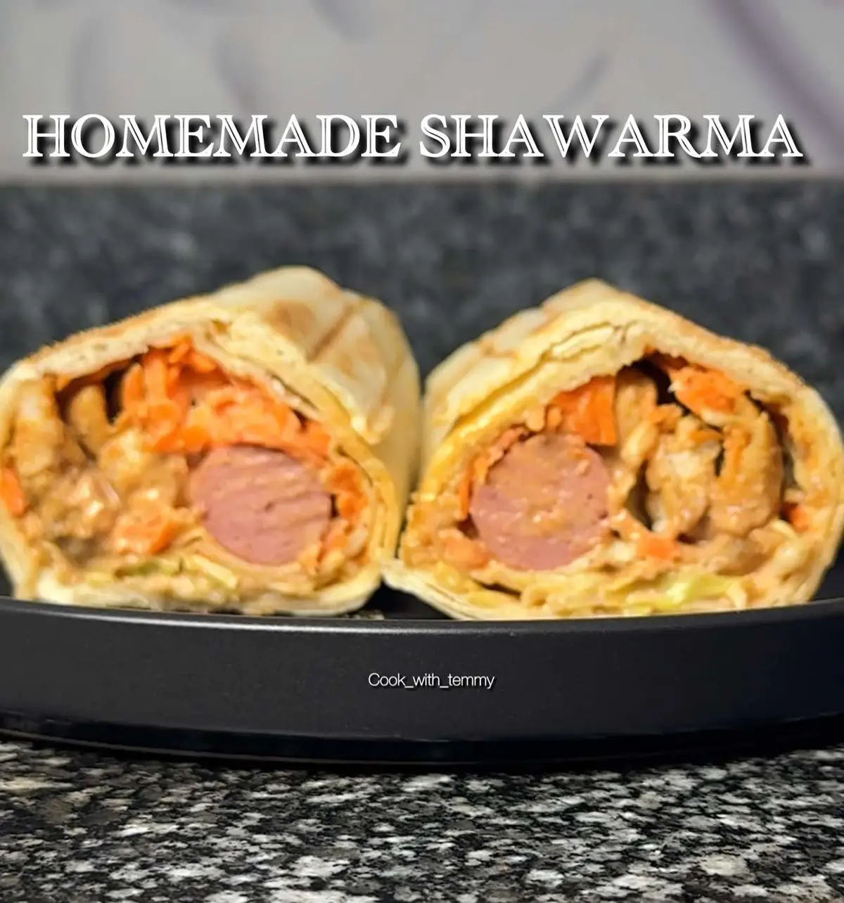 SIMPLE HOMEMADE SHAWARMA: Step-by-Step Guide with Pictures Ingredients; 👇 Chicken breast Sausages Mayonnaise Tomato ketchup Oyster sauce Suya pepper Chili pepper Seasoning Salt Paprika Lemon juice Cabbage Carrots Butter or cooking oil Shawarma wraps Instructions: 1. Prepare the Chicken: Wash and shred the chicken breast into thin strips. 2. Marinate the Chicken: Season the chicken with salt, paprika, suya pepper, chili pepper, and your preferred seasoning. Mix well and let it marinate for a few minutes. 3. Cook the Chicken: Heat a small amount of butter or cooking oil in a dry pan. Add the marinated chicken and fry on low heat until it turns golden brown. 4. Cook the Sausages: Using the same pan, fry the sausages on low heat until lightly browned. 5. Prepare the Shawarma Cream: In a bowl, mix mayonnaise, tomato ketchup, oyster sauce, lemon juice, suya pepper, and chili pepper to make a flavorful cream. 6. Assemble the Shawarma: Place a shawarma wrap on a flat board or plate. Spread a generous amount of shawarma cream onto the wrap. Add sliced cabbage, carrots, the fried chicken, and sausages. Drizzle more cream over the filling, then roll the wrap tightly. For extra support, double-wrap with another shawarma wrap and seal the edges securely. 7. Grill the Shawarma: Place a grilling pan on low heat. Transfer the wrapped shawarma onto the pan and grill until golden brown, turning occasionally to ensure even grilling. 8. Serve and Enjoy: Your homemade shawarma is ready to serve! Slice and enjoy warm. Perfect for a quick snack or a satisfying meal! #cookwithtemmy #Shawarma #PictorialExcerpts #Recipe #homemade 