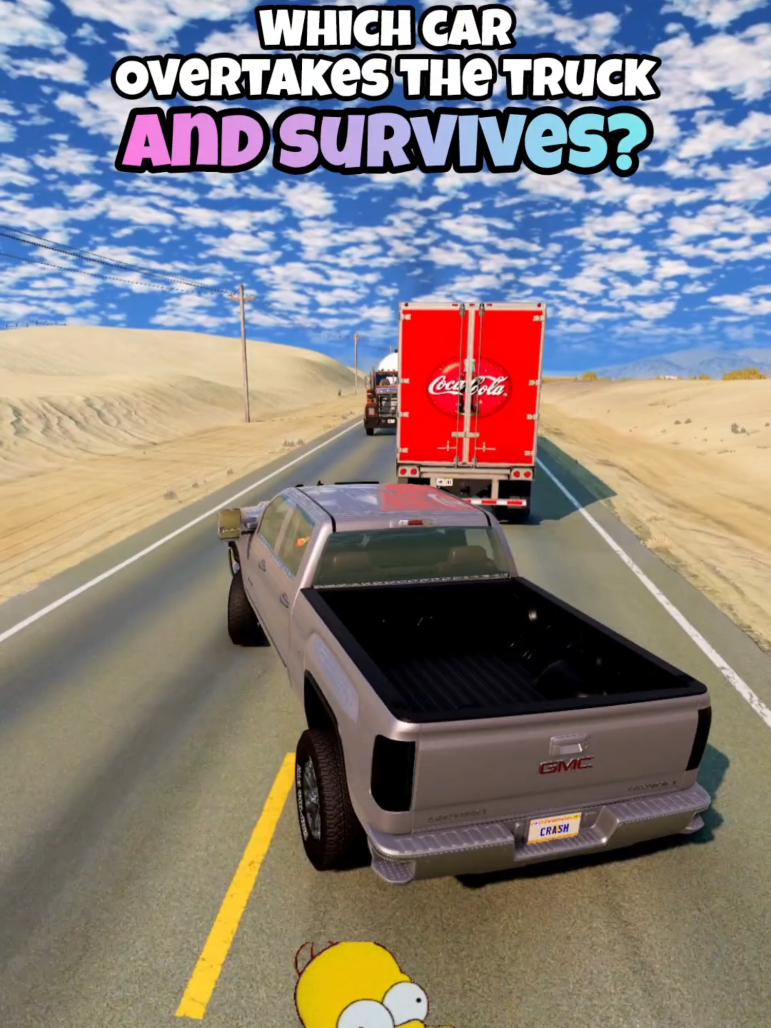 Which car overtakes the truck and survives? #beamng #beamngdrive #beamngcrash #game #gaming #car #cars #simulation #fouryou #fyp #longervideo #tesla #teslacybertruck #teslamodel3