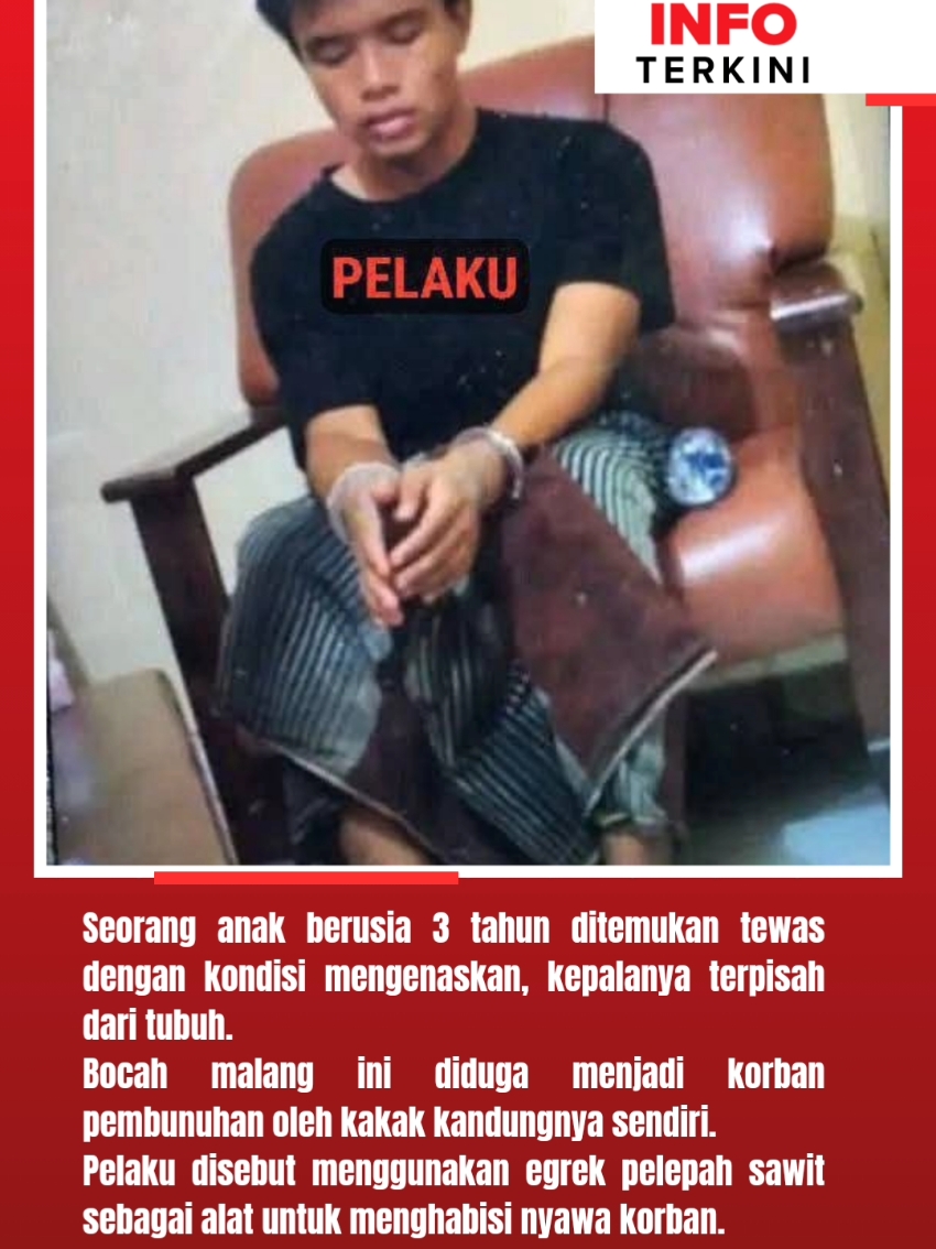 KALBAR - Seorang anak berusia 3 tahun ditemukan tewas dengan kondisi mengenaskan, kepalanya terpisah dari tubuh. Bocah malang ini diduga menjadi korban pembunuhan oleh kakak kandungnya sendiri.  Pelaku disebut menggunakan egrek pelepah sawit sebagai alat untuk menghabisi nyawa korban. Insiden ini terjadi di rumah keluarga korban yang berlokasi di sebuah Perumahan Karyawan Perusahaan Perkebunan Sawit di Desa Danau Buntar Kecamatan Kendawangan Kabupaten Ketapang Kalimantan Barat, pada Rabu (26/12/2024). Dari keterangan orang tua korban dan beberapa saksi, korban berinisial MF berusia 3 tahun ditinggalkan orang tuanya di rumah bersama kakak kandung korban berinisial KK (23). Orang tua korban sendiri pada hari itu berjualan durian di sekitar perumahan karyawan. Kapolsek Kendawangan menyatakan terduga pelaku KK sudah diamankan di Mapolsek Kendawangan termasuk sebuah pisau untuk memanen buah sawit yang diakui terduga pelaku sebagai alat untuk menghilangkan nyawa korban. Polisi juga masih melakukan pendalaman secara intensif terhadap keterangan terduga pelaku terkait motif kejadian ini. Dari keterangan orang tuanya, terduga pelaku mengidap gangguan jiwa.  Sementara itu jasad korban sudah dibawa ke Puskesmas Kecamatan Manis Mata untuk menjalani visum. #kalbar  #ketapang  #ketapangkalbar  #ketapangkalimantanbarat  #kakakadik  #kakak  #berita  #beritatiktok  #beritaterkini  #beritaterbaru  #breaking  #breakingnews  #info  #viral  #update 