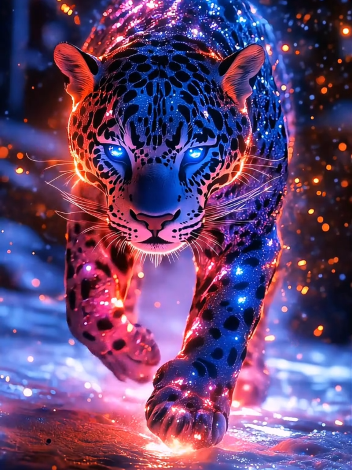 Live Wallpaper Leopard 4k : 🌌🐆 Witness the cosmic elegance of a neon leopard with glowing blue eyes, striding across a reflective surface in a snowy forest. Star dust and luminous particles swirl around, creating a magical and surreal scene. Dive into the magic of this enchanting artwork! #leopard #livewallpaper #2025 #livewallpaper4k #Epic #Nature