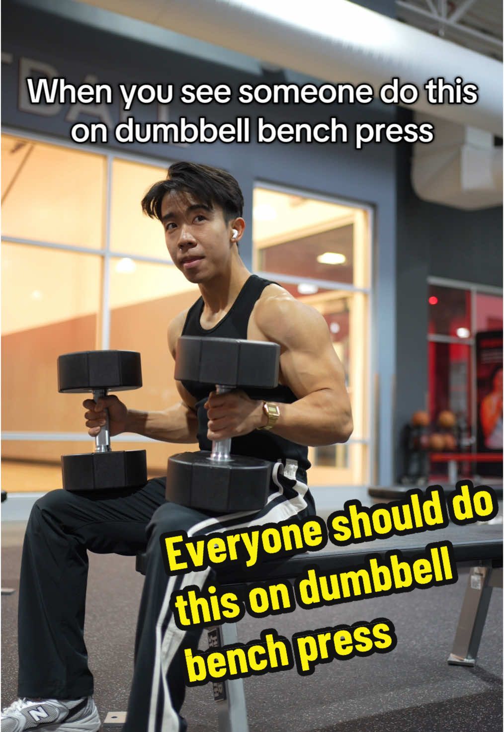 The beauty of using dumbbells is that you do not need to maintain a strictly pronated grip when you press.  In fact, most people will find that turning the dumbbells in and having a slightly tucked arm path on a flat bench press (let’s call it 65ish degrees) will feel more comfortable and allow them to get a deeper stretch at the bottom which should be better for chest growth. #fyp #Fitness #gym #bodybuilding 