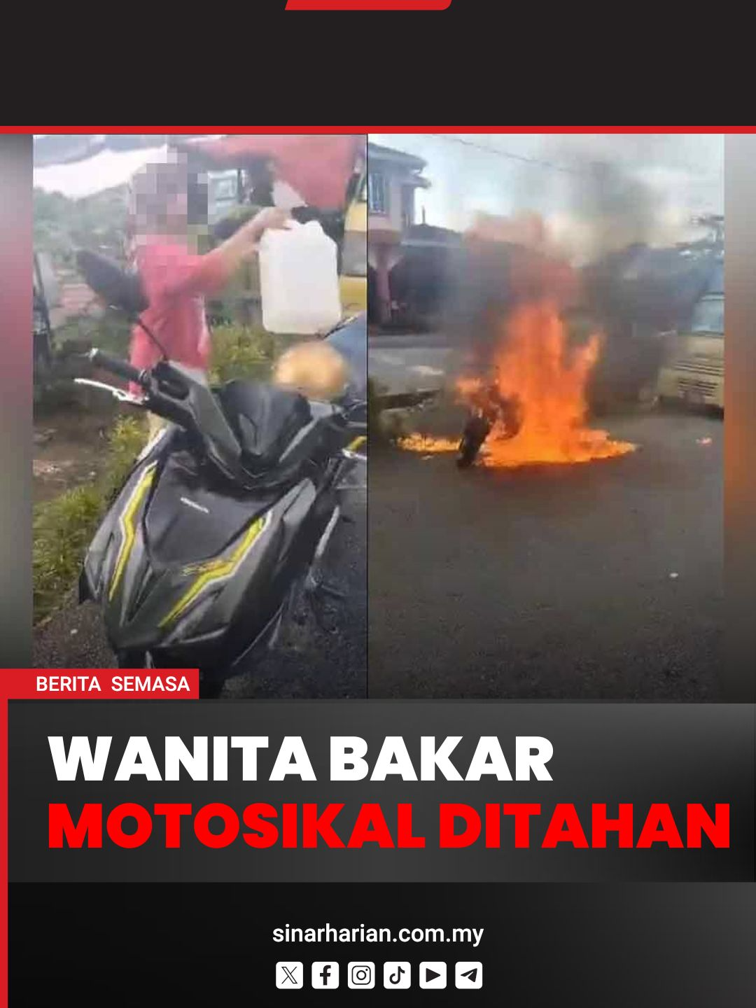 Wanita bakar motosikal, tak puas hati kenderaan ditarik Polis menahan seorang wanita susulan video tular membakar sebuah motosikal di Jalan Masjid Pokok Assam di Taiping, Perak.  Wanita berusia lingkungan 40 tahun itu ditahan sekitar jam 7.30 malam pada Khamis selepas polis menerima laporan kes tersebut daripada seorang lelaki. Anda boleh baca berita penuh di portal Sinar Harian di www.sinarharian.com.my atau swipe up di IG story serta jangan lupa follow IG @sinarharian untuk berita terkini dalam dan luar negara. #SinarHarian #BeritaSemasa #bakarmotosikal #viral #Ipoh