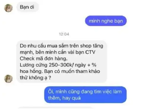 CẢNH BÁO: Một sinh viên TP.HCM bị lừa hơn 100 triệu đồng vì công việc 'check mã đơn' qua mạng Bị mời gọi, dụ dỗ làm công việc check mã đơn hàng qua mạng, một sinh viên bị lừa hơn 100 triệu đồng, có nguy cơ phải nghỉ học để đi làm trả nợ. Thạc sĩ Cao Quảng Tư, Giám đốc Tuyển sinh Trường ĐH Quốc tế Sài Gòn, cho biết mới đây, câu chuyện sinh viên bị lừa cả trăm triệu đồng khi làm công việc 