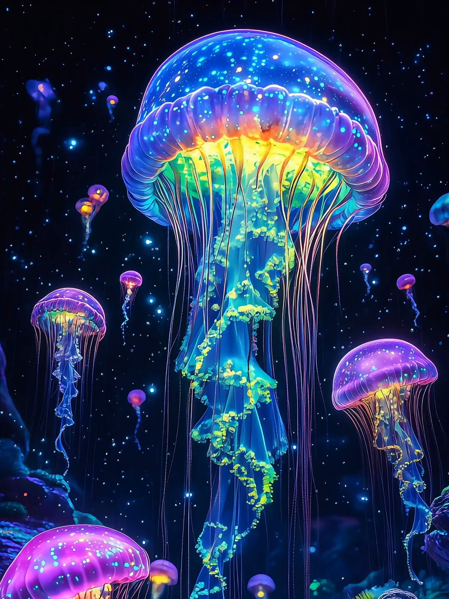 Live Wallpaper 4k : 🪼🌈 Dive into the magical world of luminous jellyfish with multicolor gradients! Watch them float gracefully in deep waters, illuminated by shimmering particles. A mesmerizing natural spectacle! #jellyfish #livewallpaper4k #2025 #livewallpaper #relaxing #chill #Nature #neon