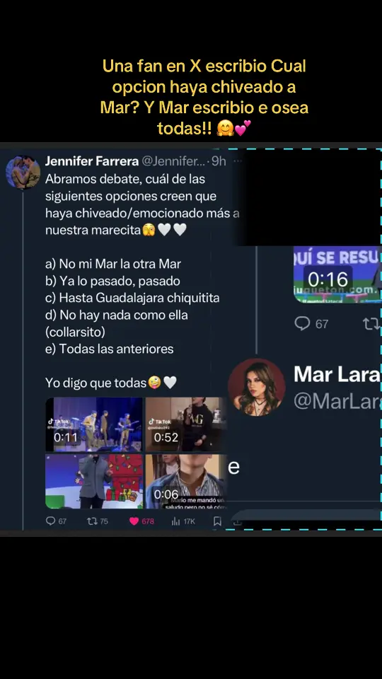 Una fan en X/twitter escribio Que Cual opcion Creen que haya chiviado a Mar y Mar contesto Que la opcion E osea todas las opciones la chivearon!! ….. LOVE IN THE AIR 💕💕