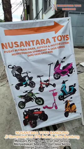 Telah hadir Nusantara Toys Bandung. Pusat mainan anak, motor dan sepeda listrik. 🤗 Menyediakan beragam pilihan model serta sparepart dan jasa servis. Melayani pembelian eceran dan grosir, harga dijamin bersaing  😍😍 Yuk langsung mampir di Nusantara Toys Bandung di Jl Gempolsari no 278 ruko L, Bandung #sepedalistrik #mobilakianak #motoranak #motorlistrik #ebike #servis #bandung #minitrail #sepedaanak #scooter #stroller #mainananak #mainan #Mainanviral