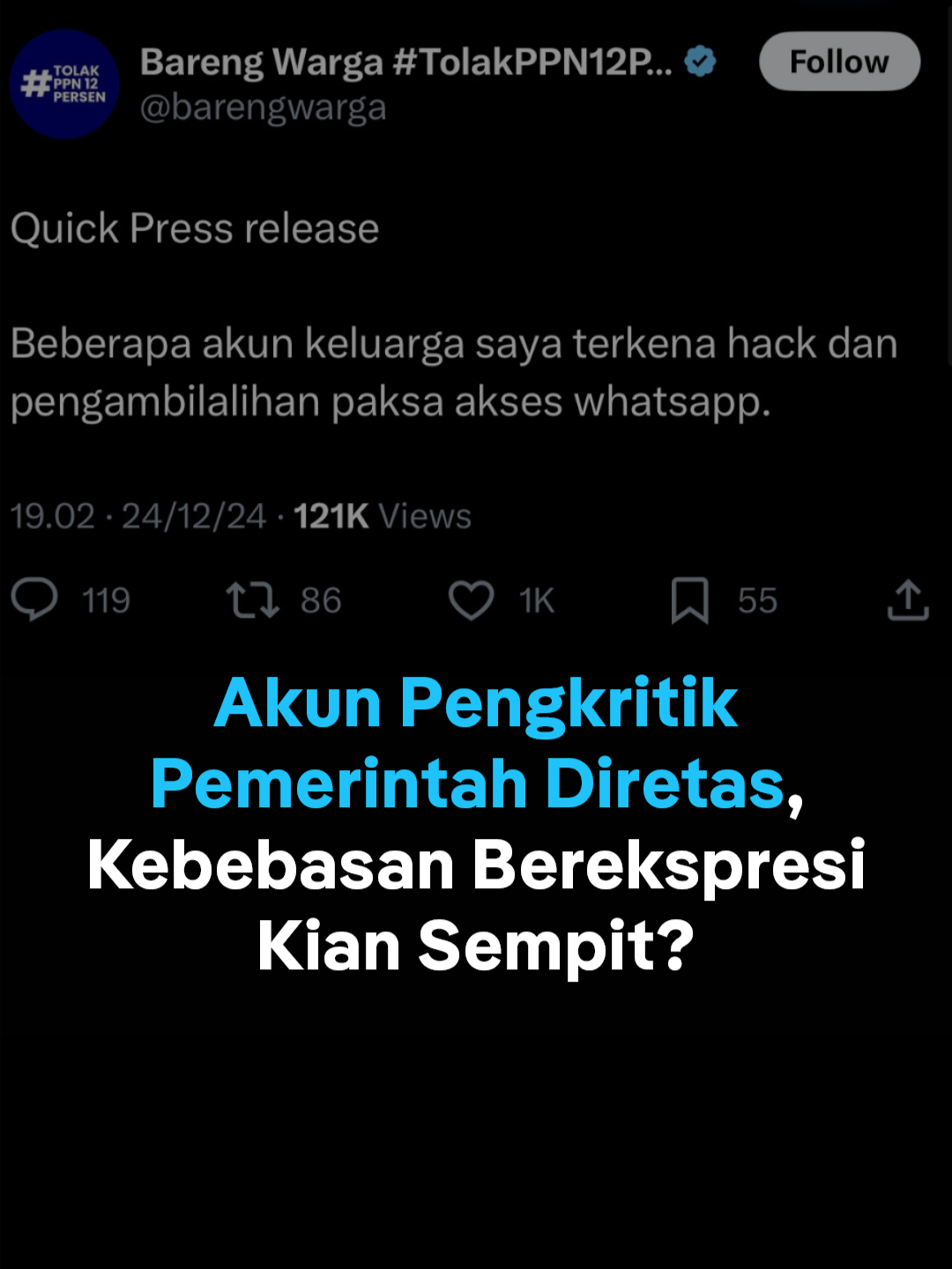 Akun media sosial milik seorang inisiator di media sosial yang perjuangkan isu keadilan sosial, HAM, serta kebijakan publik pro rakyat diretas! Menurut Usman Hamid, Direktur Eksekutif Amnesty International Indonesia, hal ini menunjukkan semakin sempitnya kebebasan dalam berekspresi di Indonesia. Ada apa ya? Simak di #dwaktok berikut ini. #dwnesia #retas #kebebasanberekspresi