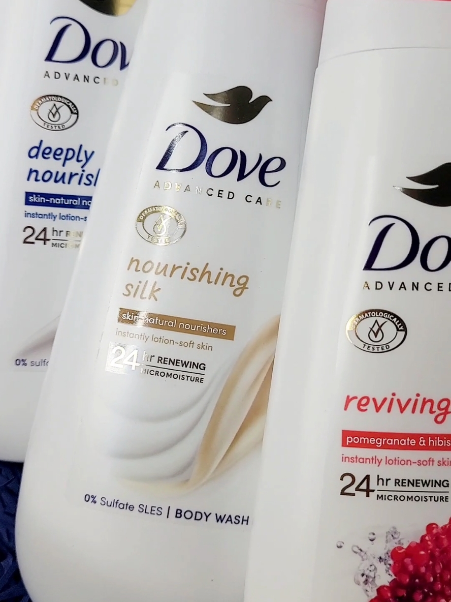 I want to introduce you to Dove advanced care best ever body wash. Dove's micro moisture technology works to renew the skin's moisture immediately post cleansing. It offers instant moisture and improves dryness for 24 hours.  I have 3 to try to show you  Deeply nourishing,  Original scent Nourishing, floral scent  Reviving,  pomegranate & hibiscus scent They all smell amazing and leave the skin feeling really soft and clean. Vegan and crueltyfree  @Dove Beauty & Personal Care @GIFTA  #Dove #dovepartner #dovebodywash #bodywash #showergel #unboxing #fyp #foru  #ad