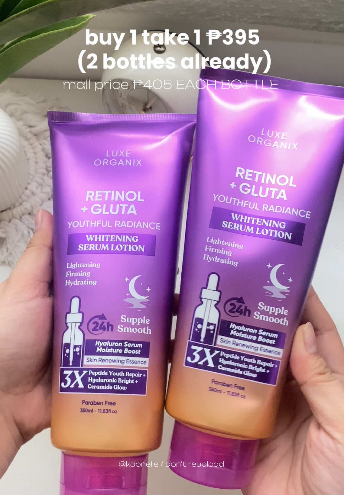 Andaya! Mahal to bili ko 405 each // while now on sale ₱395 for 2 bottle already??? 🥹💜🌙 Perfect night lotion — see visible effects right away   #luxeorganixph #retinol #glutalotion 