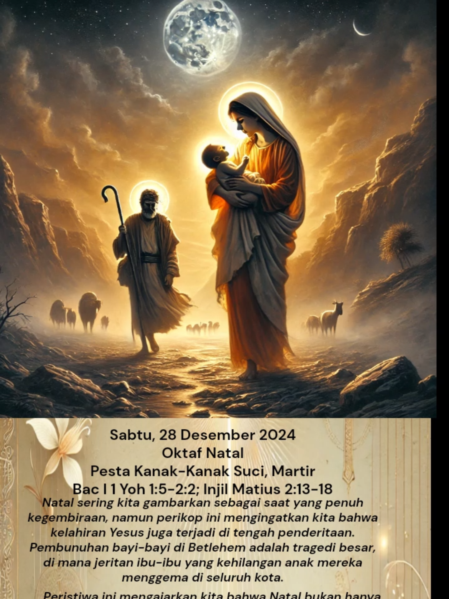 Sabtu, 28 Desember 2024, Oktaf Natal, Pesta Kanak-Kanak Suci, Martir, Bac I 1 Yoh 1:5-2:2; Injil Matius 2:13-18 #renungan #natal #rohani #katolik #orangkuduskatolik #RohaniTikTok #iman #yesuskristus #tuhan #Allah #KasihTuhan #Desember #2024 #kejutanlivefest #FaithChallenge #foryou #f #fyp