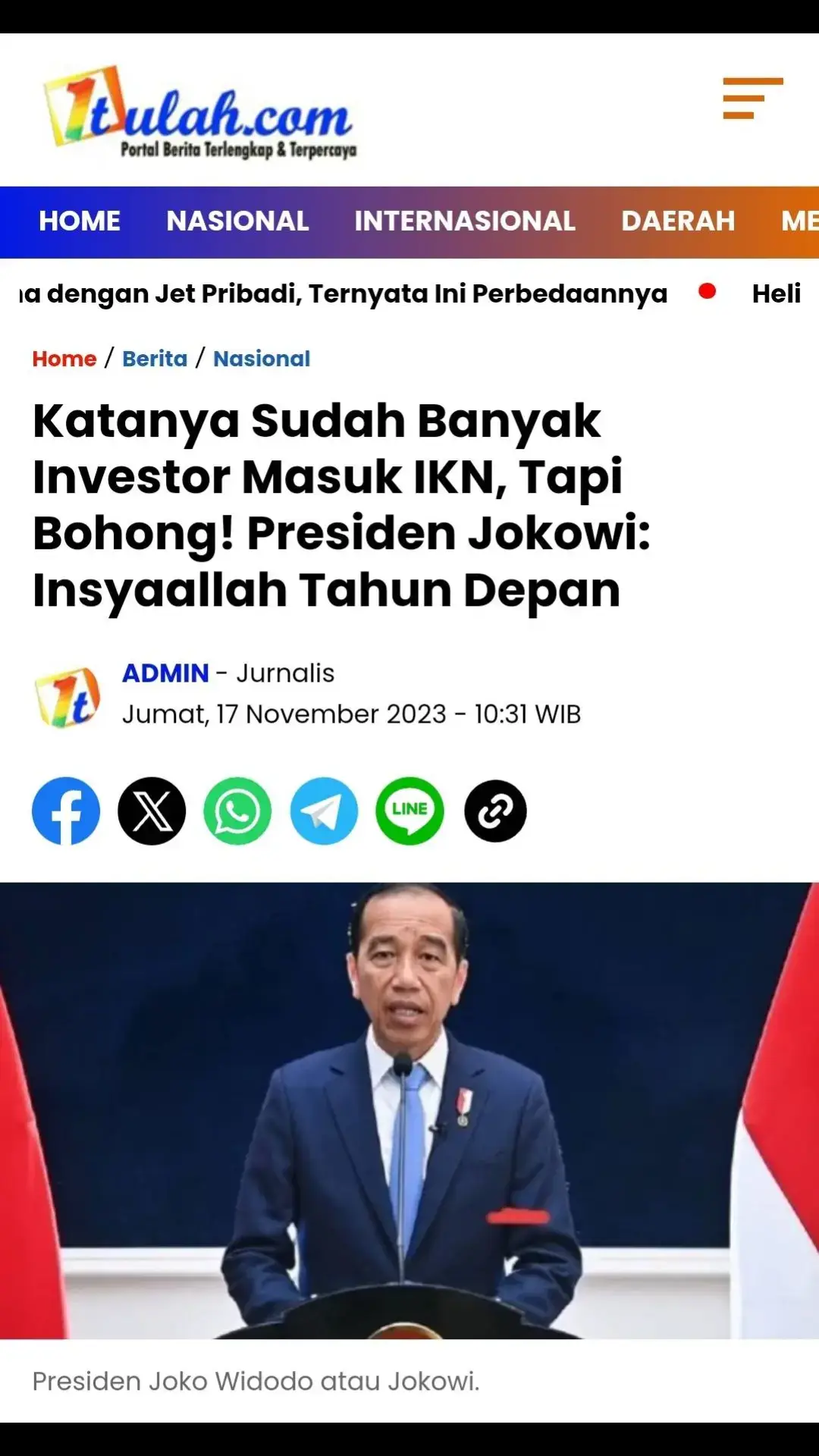 1TULAH.COM-Upaya menarik investor dari luar negeri untuk berinvestasi di Ibukota Nusantara (IKN) rupanya belum membuahkah hasil. Diakui Presiden Joko Widodo bahwa hingga saat ini belum ada satu pun investor dari luar negeri yang menanamkan modalnya untuk pembangunan di sana. Padahal, dalam setahun belakangan ini, selalu saja digambar-gemborkan bahwa beberapa investor sudah berminat masuk ke IKN, baik dari timur tengah maupun dari China, tetapi semua itu ternyata bohong! Presiden Joko Widodo (Jokowi) mengakui sampai saat ini belum ada investor luar negeri yang masuk di Ibu Kota Nusantara (IKN). Namun ia meyakini dalam waktu dekat bakal ada investor asing di sana. Jokowi meyakini seiring waktu investor dari luar negeri akan segera masuk berinvestasi di IKN. Hal ini seiring dengan banyaknya pergerakan investor dalam negeri di sana. “Sampai saat ini belum ada (investor luar negeri). Tapi saya yakin bahwa setelah investor di dalam negeri bergerak, semakin banyak setiap bulannya, investor dari luar akan segera masuk. Kita lihat saja nanti pasti akan masuk,” kata Jokowi sebagaimana dilansir, Jumat (17/11/2023). Hal itu disampaikan Jokowi dalam keterangan pers usai menghadiri APEC CEO Summit, di San Francisco, Amerika Serikat, Kamis (16/11/2023) waktu setempat, sebagaimana disaksikan dalam tayangan YouTube Sekretariat Presiden di Jakarta, Jumat. Ia menyampaikan investasi asing ke IKN, diprioritaskan di sektor pendidikan, kesehatan dan teknologi. Presiden mengatakan dalam APEC CEO Summit, dirinya menyampaikan kondisi ekonomi di Indonesia yang pertumbuhannya tahun ini diperkirakan bakal di atas 5 persen. “Tahun depan juga insya Allah di atas 5 sedikit. Dan juga inflasi yang masih terkendali antara 2-3 persen. Dan yang paling penting juga stabilitas politiknya juga baik baik saja. Itu yang terus-menerus akan kita sampaikan,” jelas Kepala Negara. (Sumber:Suara.com) https://1tulah.com/2023/11/17/katanya-sudah-banyak-investor-masuk-ikn-tapi-bohong-presiden-jokowi-insyaallah-tahun-depan/