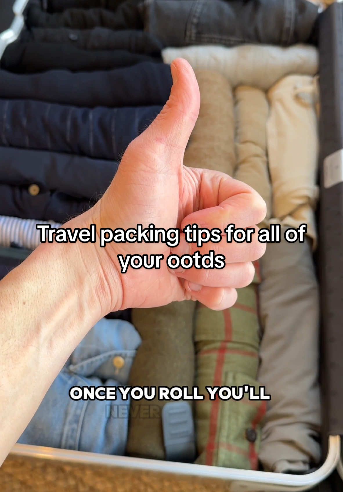 Save for ur next trip🚀 My best travel tip is to STOP using packing cubes😬 They take up SO much more space, and the compression ones never work like you think they will! The rolling method lets you see everything you’ve packed at a glance (like books in a library) and on a deeper suitcase you can fit an entire second row of clothes on top.  #creatorsearchinsights 