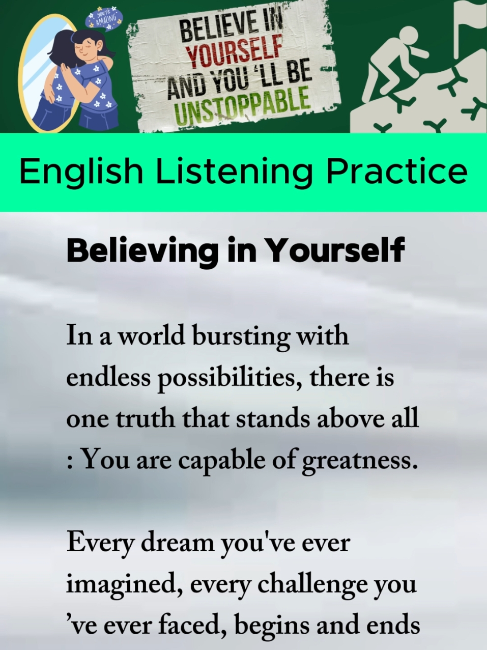 Believing in yourself  Daily English listening 🎧 and speaking 🗣️ practice by narration and short story  #english #englishlistening #englishspeaking #englishpractice #englishlesson #englishlearning #learnenglishdaily #dailyenglish #learn #englishcommunication #englishconversation #believeinyourself #selfbelieve #motivation #inspirational #believeinyou #believeinyourdreams #successmindset 