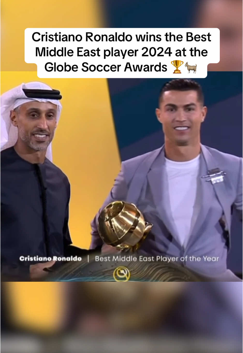 Cristiano Ronaldo wins the Best Middle East player 2024 at the Globe Soccer Awards. @Globe Soccer #cristianoronaldo #ronaldo #cr7 #ronaldo #goat #globesoccer #globesoccerawards #football #footballtiktok #futbol #futebol #goviral #trending #siuuuu #suiiiiiiiiiiiiiii 