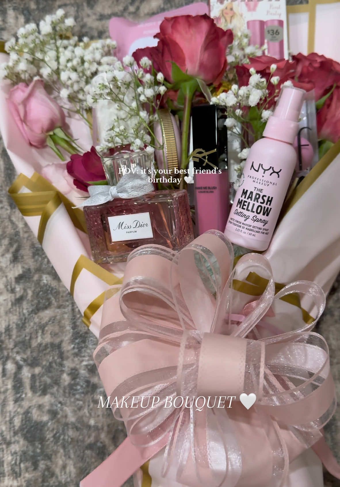 A labor of love 🤍 making a makeup bouquet for my best friend’s birthday 🥹 #makeupbouquet #makeup #bestfriend #bestfriendbirthday #birthdaygift #bdaygift #birthdaygiftinspo #birthdaygiftideas #giftsforher #bouquet #bouquets #missdior #foryour @NYX Professional Makeup @YSL Beauty @Sol de Janeiro @Too Faced @e.l.f. Cosmetics @buxomcosmetics