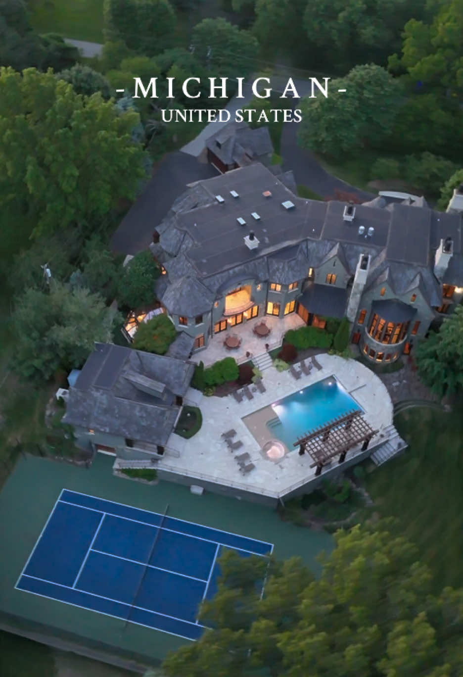 This dream home comes with a full-sized indoor basketball court, a private spa, and even its own movie theater. Outside, you’ll find a stunning pool and tennis court! Agents: @Jill Laskey @Crainhomes  #luxury #realestate #mansion #backyard 