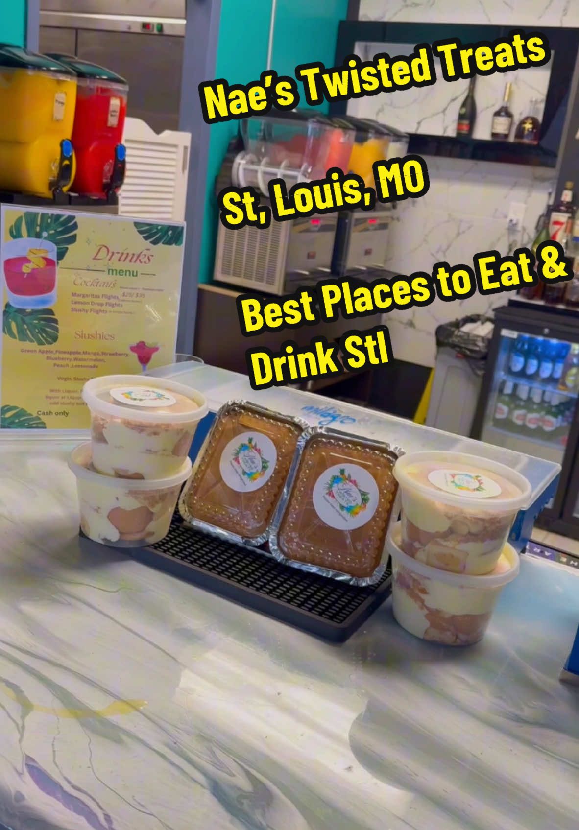 Good vibes, great eats, deserts, music, and even better drinks! 🍔🍹 @Nae’s Twisted Treats inside Ella’s Kitchen is your new comfort food and daiquiri paradise. Come for the flavors, stay for the experience! 🥂✨ #STL #stlouis #ComfortFoodGoals #Daiquiri #PlacesToEatSTL #BestPlacesToEatStLouis #placestoeatstlouis 