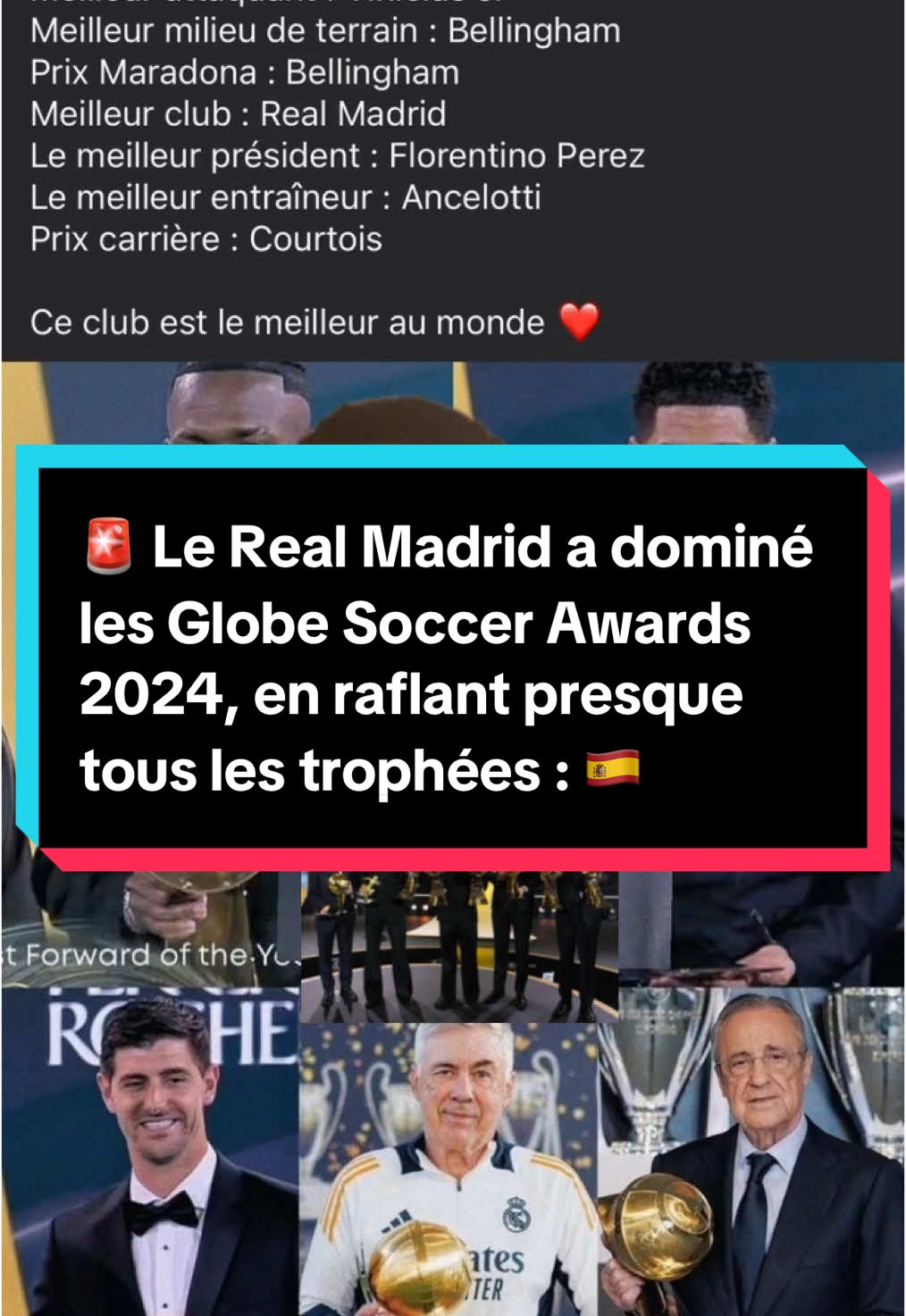 🚨 Le Real Madrid a dominé les Globe Soccer Awards 2024, en raflant presque tous les trophées : 🇪🇸 🏅 Meilleur club 🏅 Meilleur entraîneur – Carlo Ancelotti 🏅 Meilleur président – Florentino Pérez 🏅 Prix « Carrière joueur » – Thibaut Courtois 🏅 Prix Maradona – Jude Bellingham 🏅 Meilleur attaquant – Vinícius Jr 🏅 Meilleur milieu – Jude Bellingham 🏅 Meilleur joueur – Vinícius Jr Le meilleur club de l’année 🤍✨