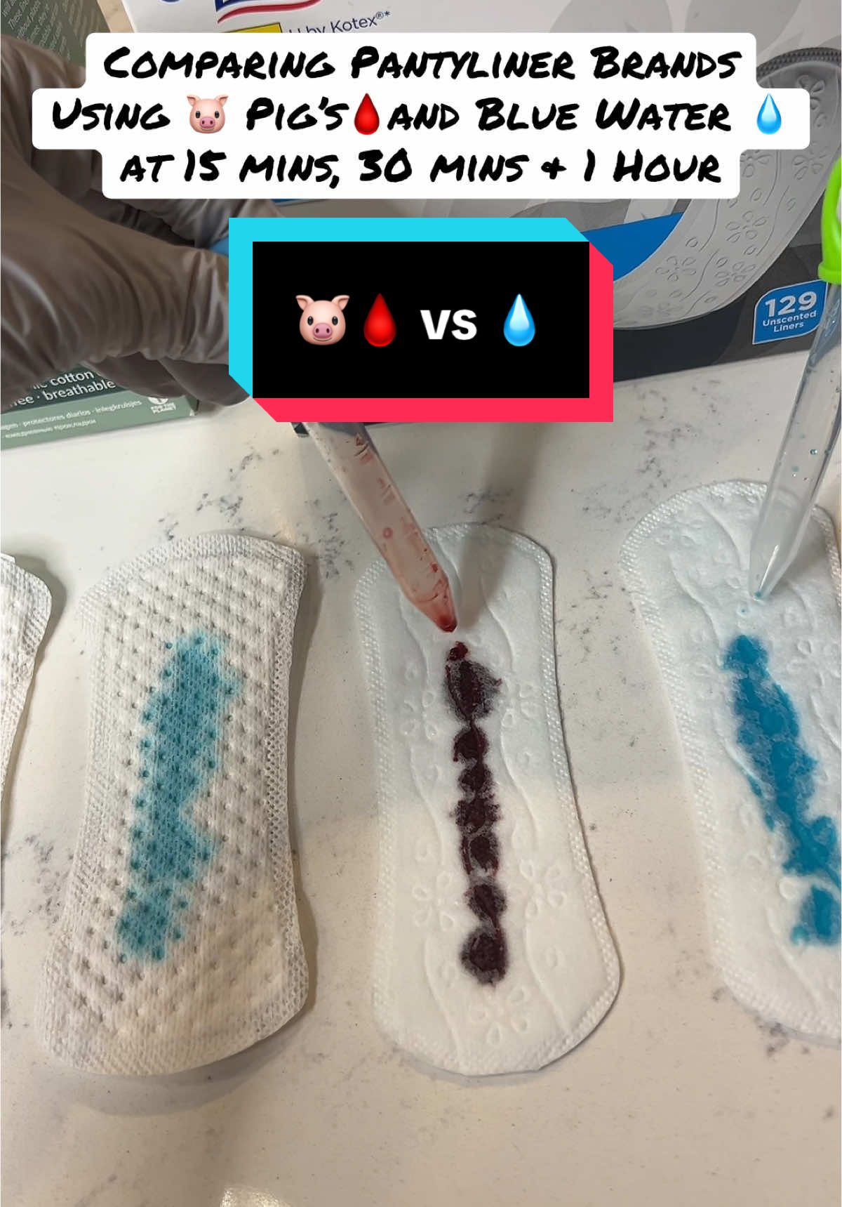 The difference between brands AND between 🐷🩸 vs 💧 are both very telling! The rate of absorption is definitely where we will notice leaking in our human experiences. #period #periodtips #periods #groceryshopping