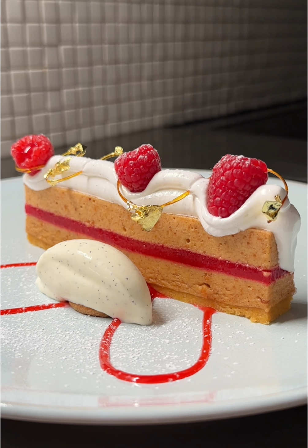 Did I hit the spot #raspberry #peanutbutter #strawberry  Peanut butter jelly mousse served with condensed vanilla ice cream, meringue, and fresh raspberries.  Visuals ?/10 Taste 9/10 Recipe link in bio. 