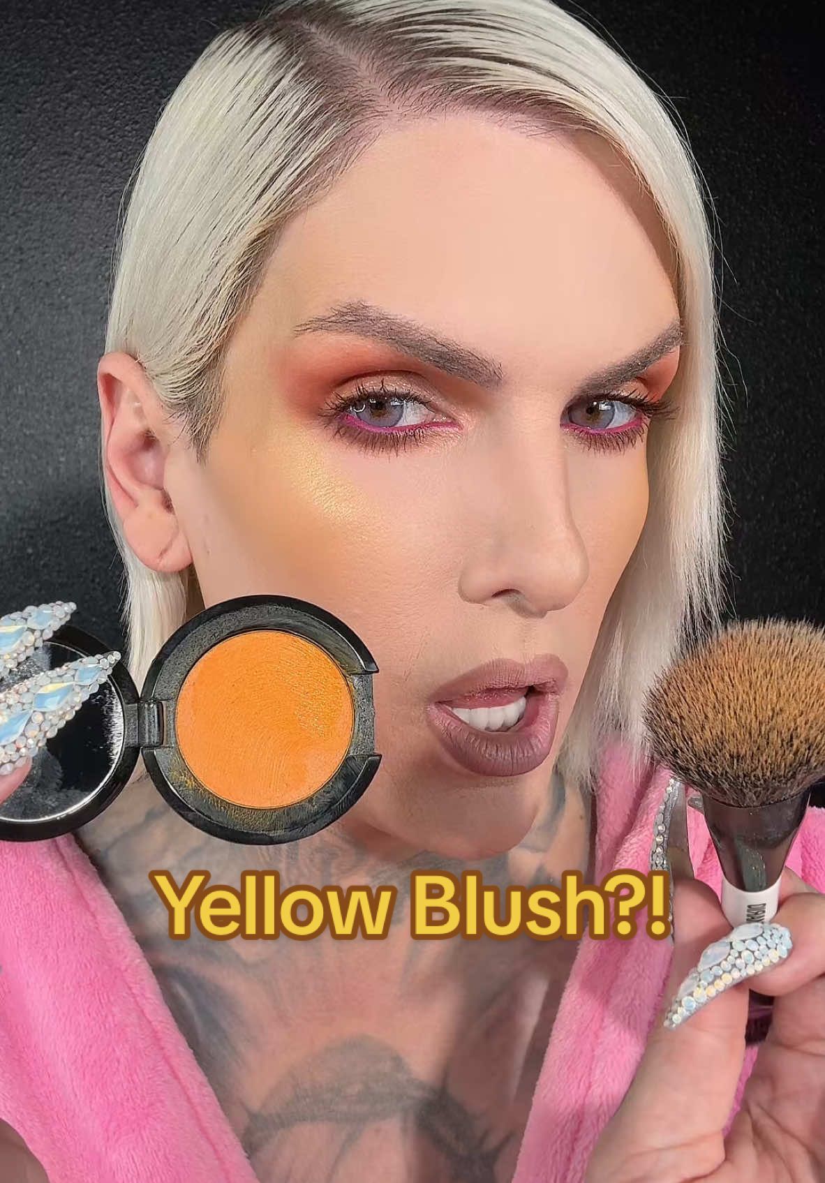 Trying yellow blush from the brand @Rituel de Fille 😱 Is it Jeffree Star Approved?? #makeupreview #jeffreestar #BeautyTok #yellow #makeup #blush  Highlight is @Jeffree Star Cosmetics 24K Skin Frost palette Lip Combo: Hermès “Beige Tan” liner and @LAWLESS Beauty “Platinum” lipstick 