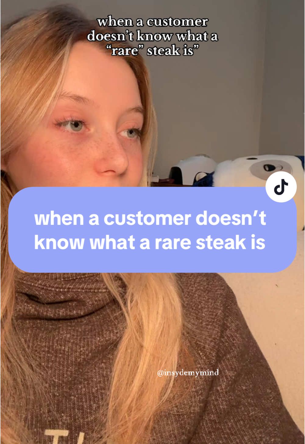 guess she wanted a rare but not rare dinner #skit #skits #pov #povs #fyp #steak #server #serverlife #karens #restaurantstory #workstories #crazystory #customerservice #customersbelike #customerserviceproblems #comedyskit #hostess #managersbelike #coworkersbelike 