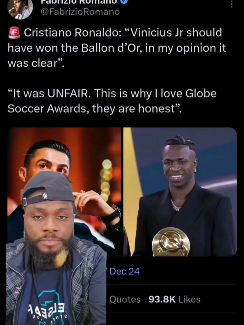 Ronaldo speaking at the Globe Soccer awards. Saudi League is better than Ligue 1 and Ballond'or is not a honest award because Rodri won it. #Ronaldo #Globesoccerawards #vinicius #Messi #Ballond 'or #Football #ligue1 #Saudileague #Fyp #fypp #explore .