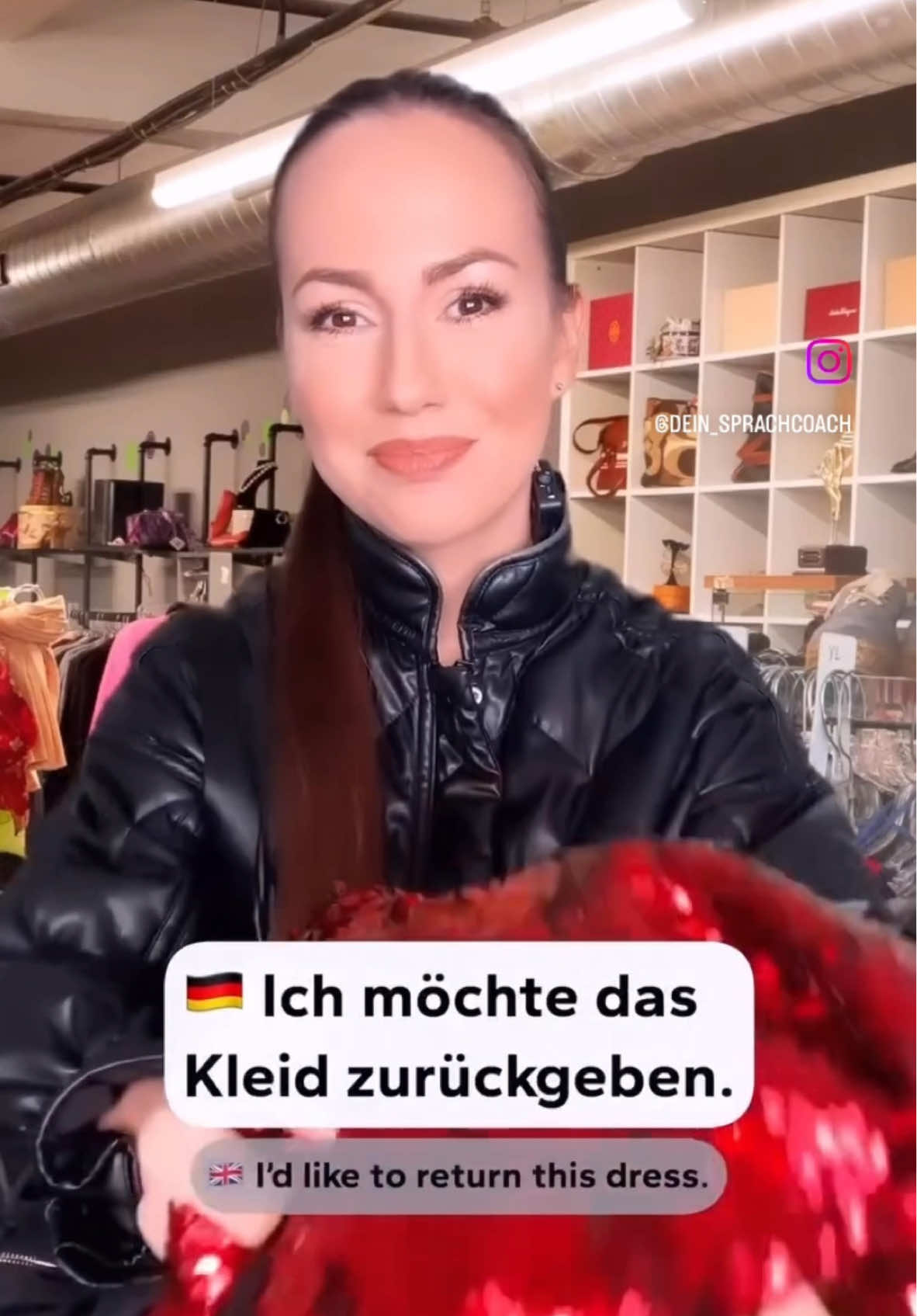 💬Ja bitte. 💬Ich möchte das Kleid zurückgeben. 💬Wir haben noch eine Rückgabe. 💬Entschuldigung, aber man sagt: 💬die Rückgabe [ˈʁʏkˌɡaːbə] Man betont die erste Silbe. 💬Danke. Rückgabe. 💬Tut mir leid, aber wir können das Kleid nicht annehmen. Sie haben es schon getragen. 💬Wie kommen Sie auf so was? 💬Da sind Make-up-Flecken drauf. 💬Das kann nicht sein. 💬Schauen Sie doch mal selbst. 💬Aber Sie haben gerade selbst … 💬Nächstes Mal passen Sie lieber auf. Dann können wir die Rückgabe gerne durchführen. Welches Wort soll ich als Nächstes erklären?😈 Dein Sprachcoach Maria🙋🏻‍♀️ ————————— 🇬🇧 💬Yes, please. 💬I’d like to return this dress. 💬We accept one last return. 💬Sorry, but it’s 💬the return The stress lies on the first syllable. 💬Thanks. Return. 💬Sorry, but we can’t accept this as a return. You’ve already worn it. 💬How would you be able to tell? 💬There are some make-up stains on it. 💬That’s not possible. 💬Have a look yourself. 💬But you just… 💬Next time, you should be more careful. Then you’ll be able to return it. #deutsch #deutschlernen #deinsprachcoach 