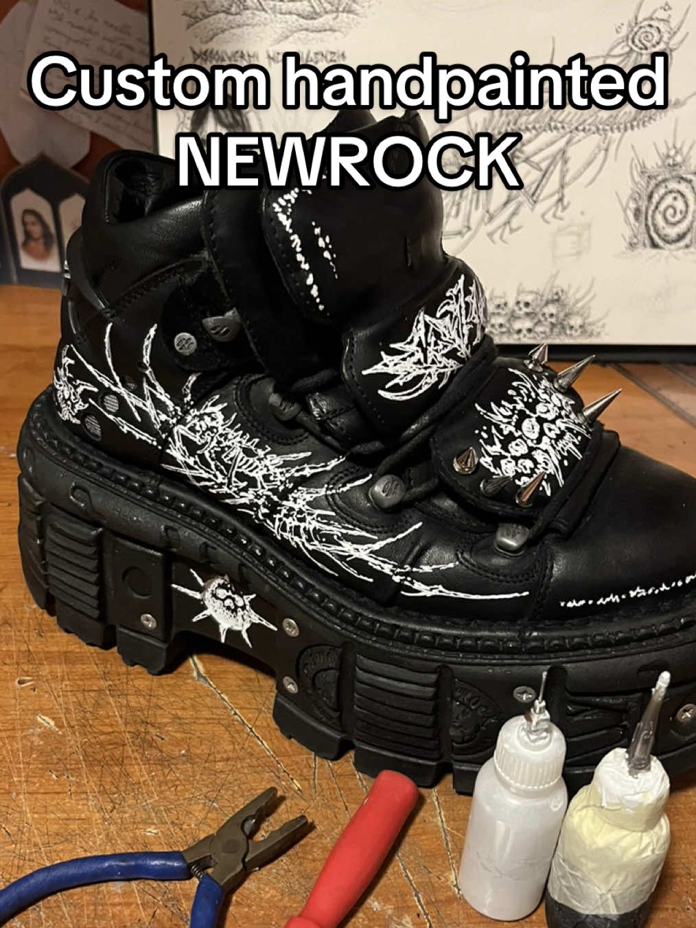 Handpainted custom new rock… dm for info, and Follow me on ig for more @ecromante #customclothing #handpaintedclothing #paintedclothes #y2kfashion #gothfashion #newrock #cybersigilismtattoo #y2koutfits 