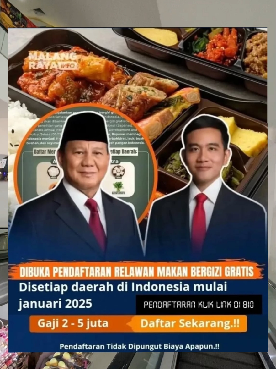 Dibuka Lowongan Kerja relawan makan siang gratis persyaratan: pria dan wanita usia minimal 20tahun dekat dengan sekolah  siap membantu membagikan makan siang gratis sehat jasmani dan rohani gaji 3-6jt  informasi pendaftaran klik link di bio profil #infoloker #loker #lowongankerja #infoterbaru #infoviral #indonesia #desember #program2025 