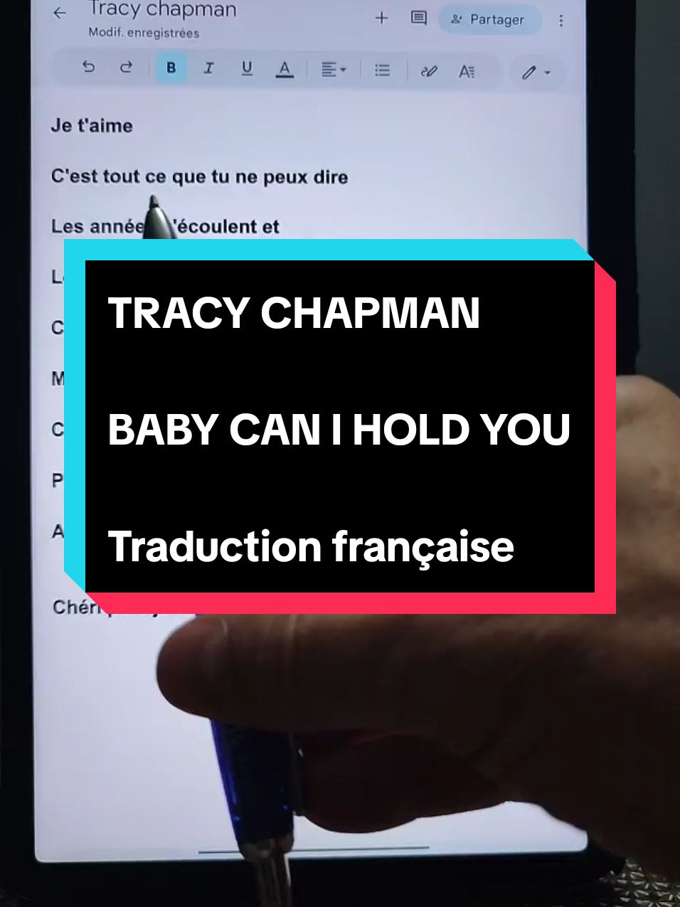 Tracy Chapman - baby can i hold you #tracychapman #caniholdyou #traduction #traductionfrancaise #francais #musique #paroles #babycaniholdyou 