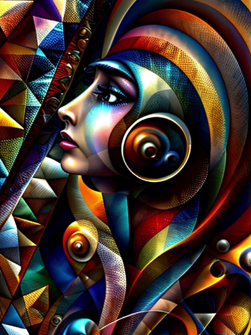 The woman’s elongated neck and delicate features are framed by cubist clock faces that seem to float around her, glowing faintly in metallic silver and copper. Swirling patterns extend outward like ripples in water, blending seamlessly into a twilight-toned background. The interplay of light and shadow creates an ethereal, dreamlike atmosphere. #abstractbeauty #clockart #cubistdesign #timemotif #livewallpaper #livewallpaper4k #aiwallpapers 