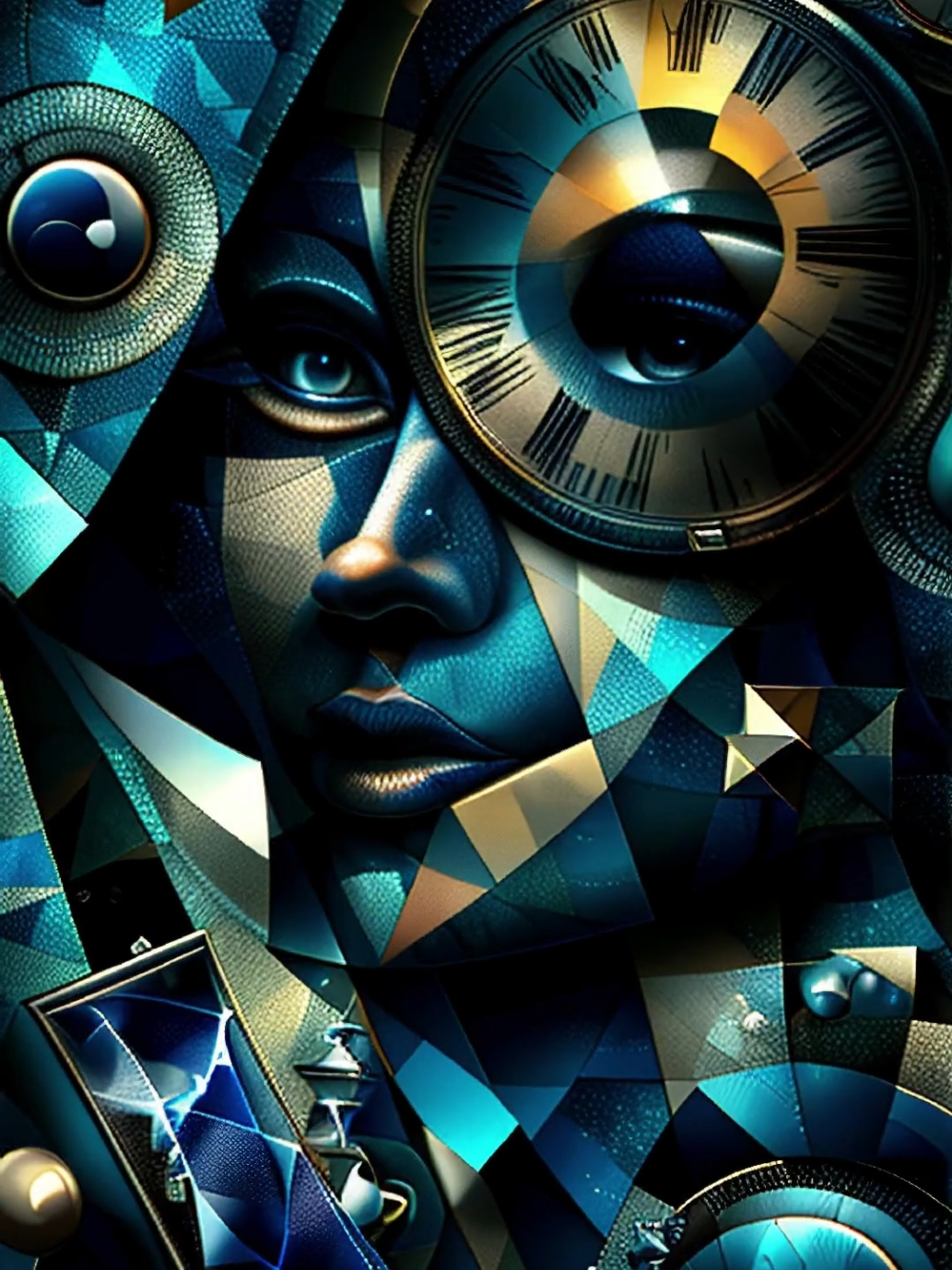 A striking figure of a woman with exaggerated facial features gazes upward as cubist clocks spiral around her like a cosmic dance. Her silhouette is surrounded by swirling patterns that pulse with golden hues, fading into an abstract backdrop of soft purples and blacks. The design encapsulates the concept of beauty transcending time. #surrealart #timeandbeauty #abstractpatterns #cubism #livewallpaper #livewallpaper4k #aiwallpapers 