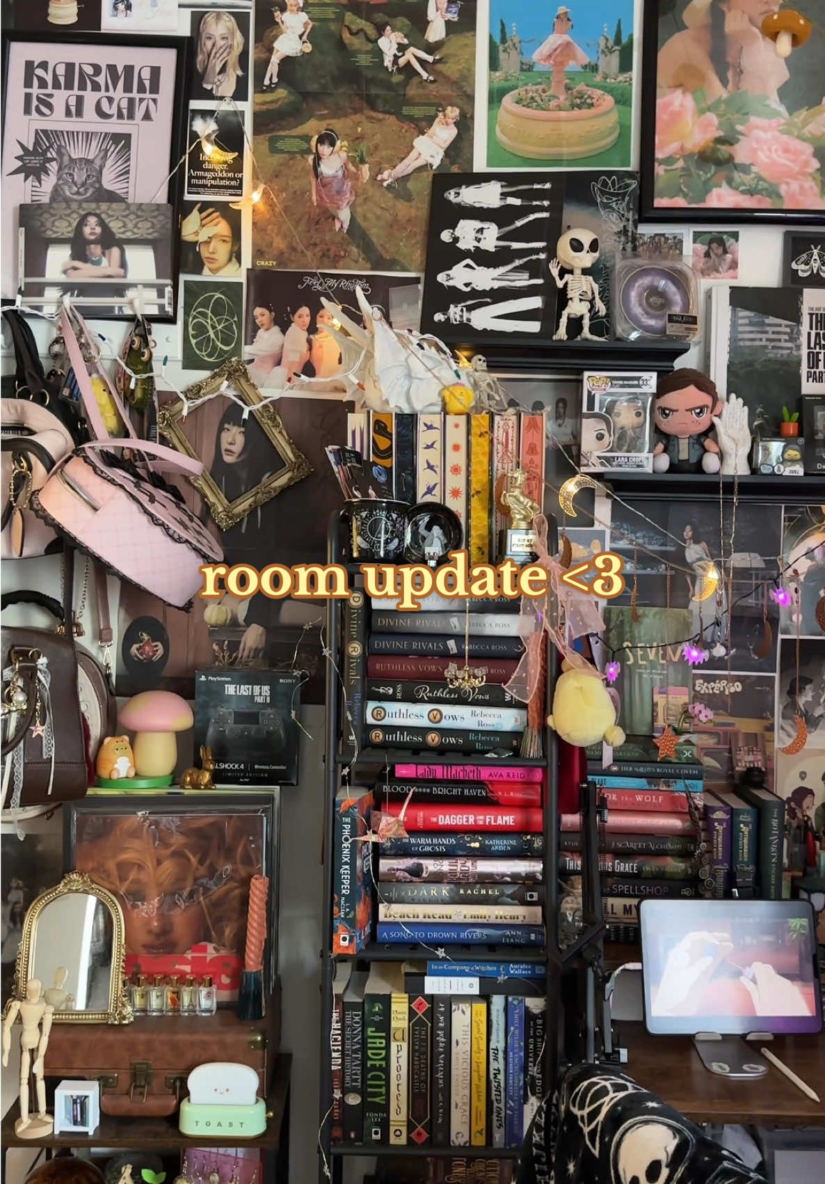 some minor room decor updates 🤎 #cozyroom #roomdecor #roominspiration #roomideas #bedroomcheck #bookshelf #cozydesksetup #maximalist #RoomTour #desksetup #pcgaming #journaling #mydesk #cozygamer 