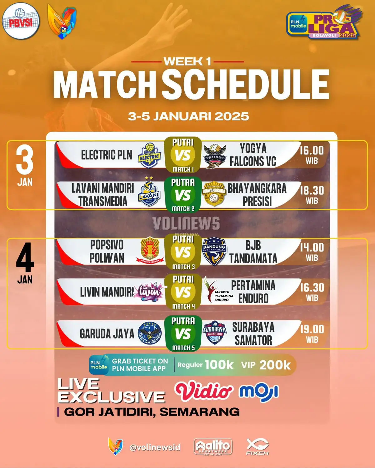 jadwal pertandingan Proliga seri Semarang Minggu pertama 3-5 Januari 2025 poster by volinewsid on Instagram #garudajaya #yogyafalcons #jakartaelektrikpln #popsivopolwan #jpe #bjbtandamata #gresikpetrokimia #jakartalivinmandiri #lavani #bhayangkara #samator #banksumselbabel #semarang #gorjatidirisemarang #proliga2025  #htm_tarkam  #voliamoneixte✈🦁 #voliamoneiperte #volitarkam #voliindonesia #voligunung #voligram #voli #volimaniaindonesia #volimania #proliga2024 #volleyballworld #volleyball #htm_sport #trending #htm_vollyball #htm_tarkam  #fyp #foryoupage 