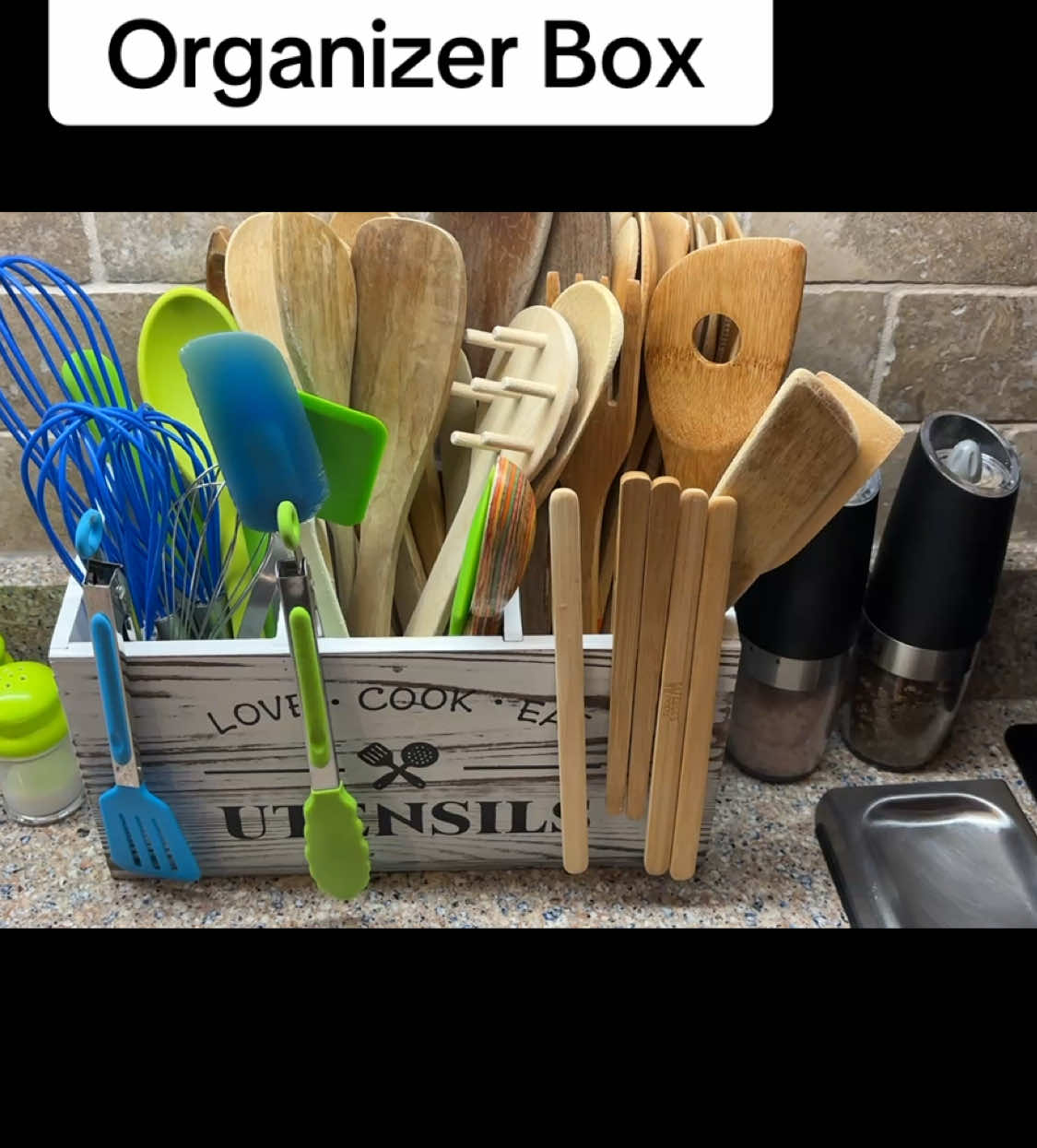 Kitchen Utensil Organizer Box perfect gift for Mom or anyone who likes a nice clean kitchen.#kitchen #kitchenideas #kitchenessentials #kitchenstorage 