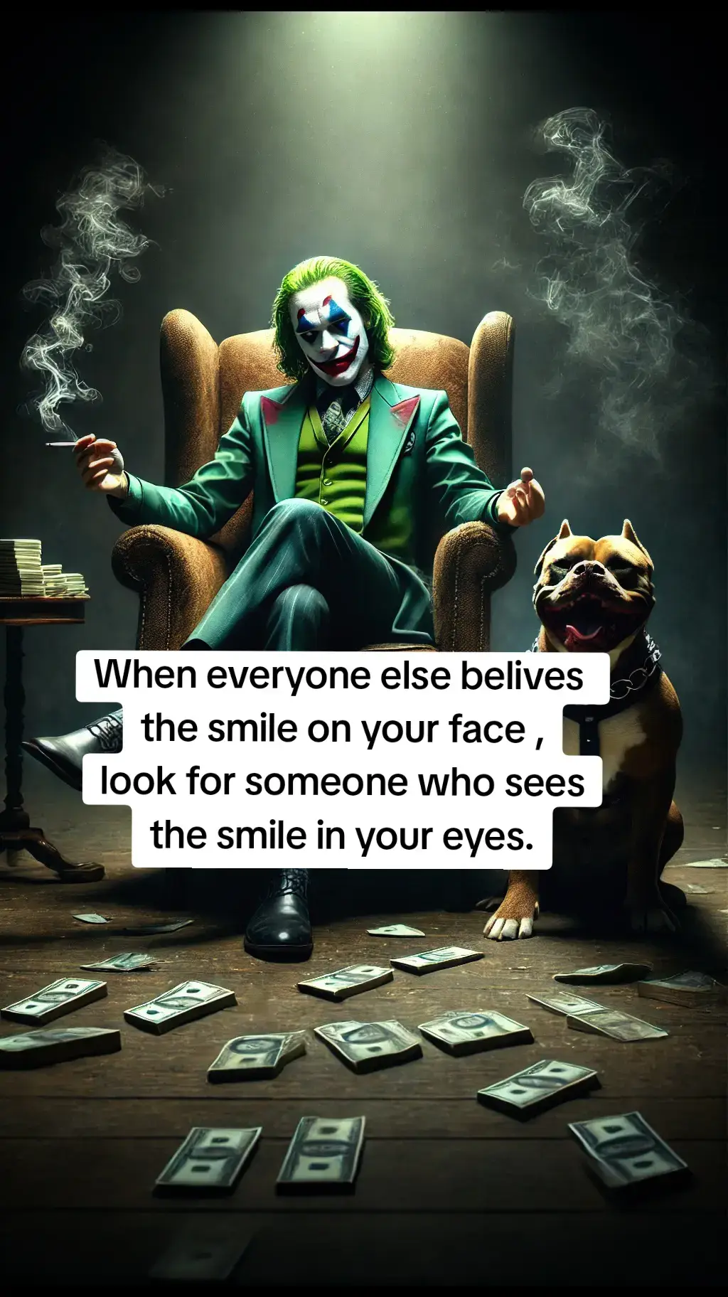 When everyone else belives  the smile on your face , look for someone who sees the smile in your eyes. #qoutes #w1s3 #w1s3qoute #for #foru #foryoupage❤️❤️ #quotesoftheday #joker #jokersquad💜💚 