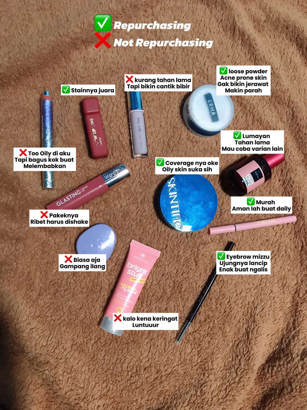 Review Skincare dan Makeup yang sudah pernah aku coba semua 🥰 Tiap orang bisa berbeda yaaa #reviewskincare #repurchase #skincare #makeup #fyp 