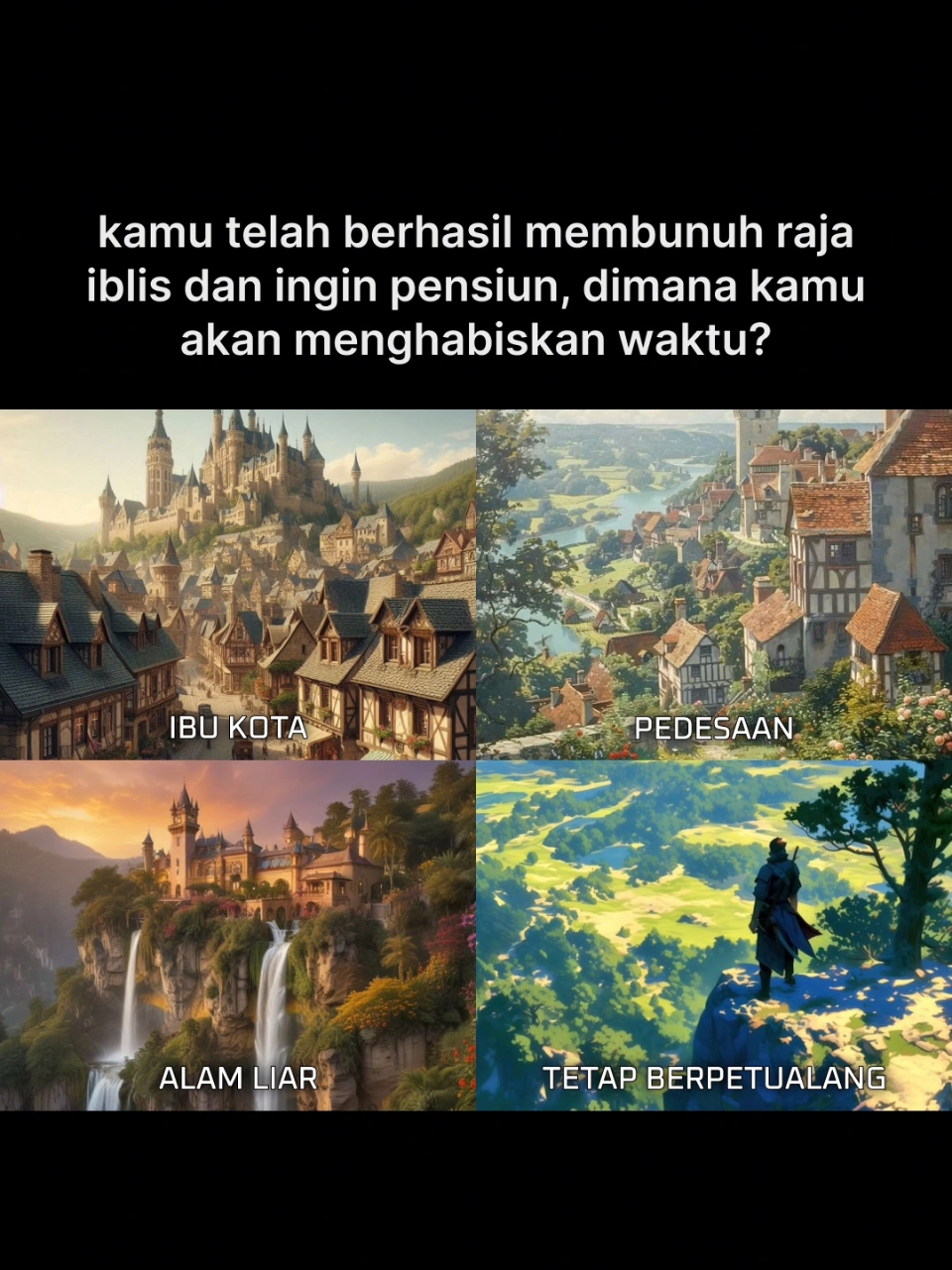 [Ibu Kota: Kamu dihormati sebagai pahlawan, menjalin hubungan dengan para bangsawan dan tokoh kelas atas lainnya] [Pedesaan: Tidak banyak yang tahu tentangmu, kau bisa hidup dengan damai disini] [Alam Liar: Kamu memiliki mansion di tengah hutan, sepenuhnya terisolasi dari masyarakat, sesekali datang binatang buas akan muncul tapi dengan mudah kamu mengatasinya] [Tetap Berpetualang: Ngapain pensiun? mumpung lagi ada di isekai, mending keliling dunia 😊] #medieval #fantasi #anime #isekai #game #manhwa #fyp #fypシ #foryoupage #4upage #meme 