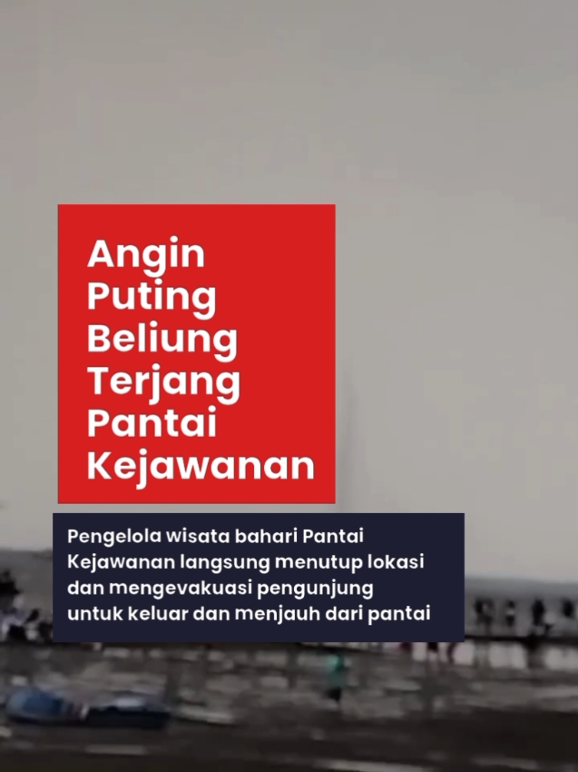 Angin puting beliung menerjang kawasan Wisata Bahari Pantai Kejawanan Kota Cirebon.  Peristiwa ini terjadi pada Minggu (29/12) sekitar pukul 16.30 WIB. Belum dilaporkan adanya kerusakan maupun korban. Pengelola Wisata Bahari Pantai Kejawanan M. Novan mengatakan, pihaknya langsung menutup lokasi wisata dan mengevakuasi pengunjung untuk keluar dan menjauh dari pantai. Hal ini dilakukan untuk mengantisipasi angin puting beliung berbalik arah ke pantai yang bisa membahayakan pengunjung. (Agus/FC) video: Humas PPN Kejawanan #tiktoknews  #tiktokberita  #foryoupageofficiall  #fypviralシ  #fyppppppppppppppppppppppp  #anginputingbeliung 