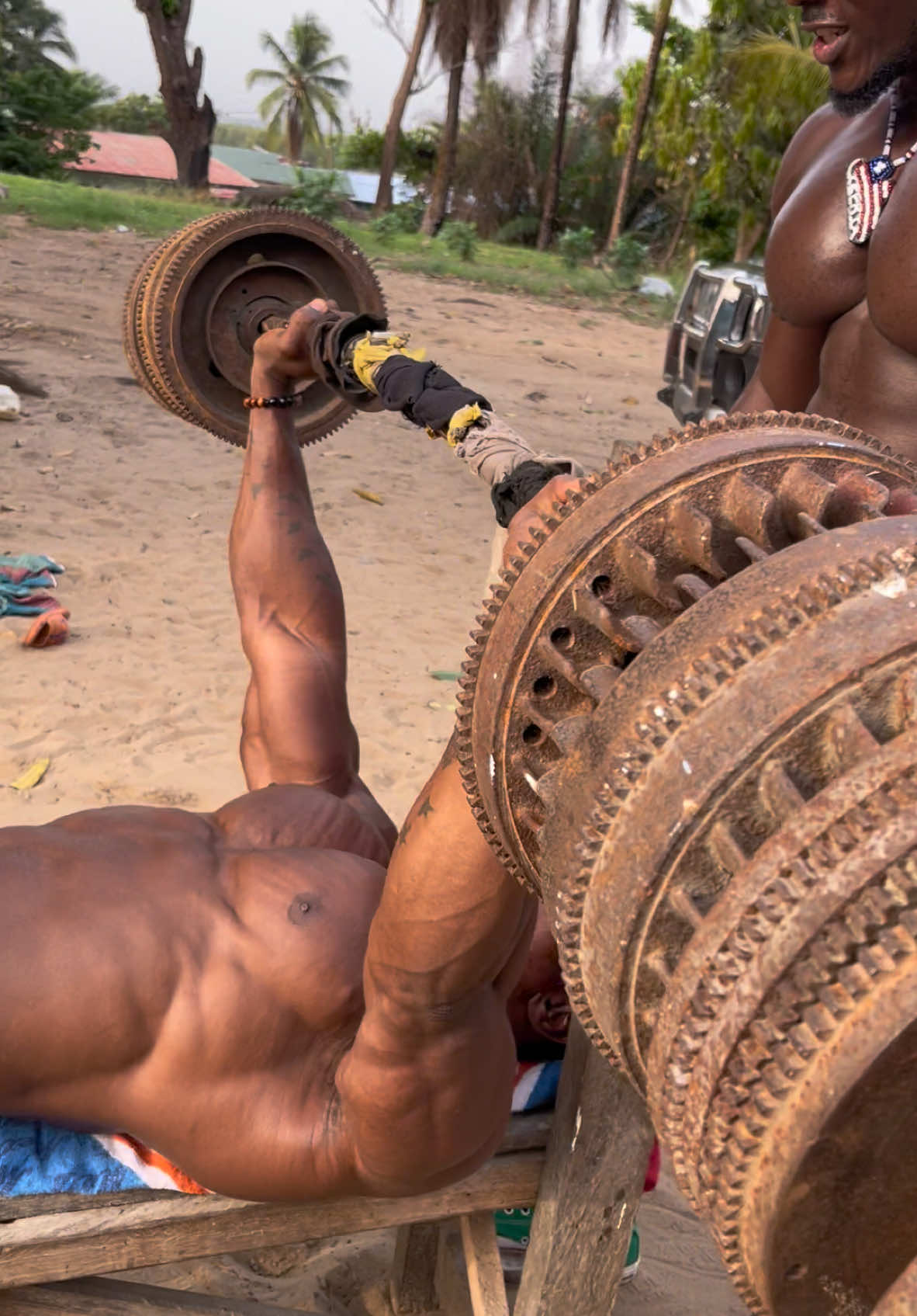 Bench Pressing in a our backyard gym with my brother @lerood merchant💪 #workoutmotivation #benchpress #backyardgym #brotherhood #workout #hoodgym #bodybuildingmotivation #inspiration #