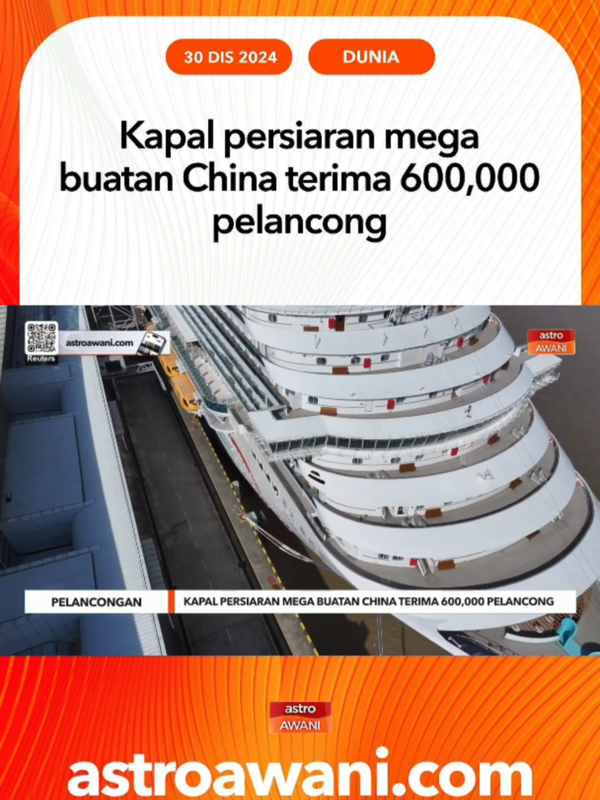 Kapal persiaran mega pertama China, Adora Magic City telah menyelesaikan 84 pelayaran dan menerima 600,000 pelancong pada tahun pertama operasi komersialnya, menurut Kastam Shanghai #AWANInews