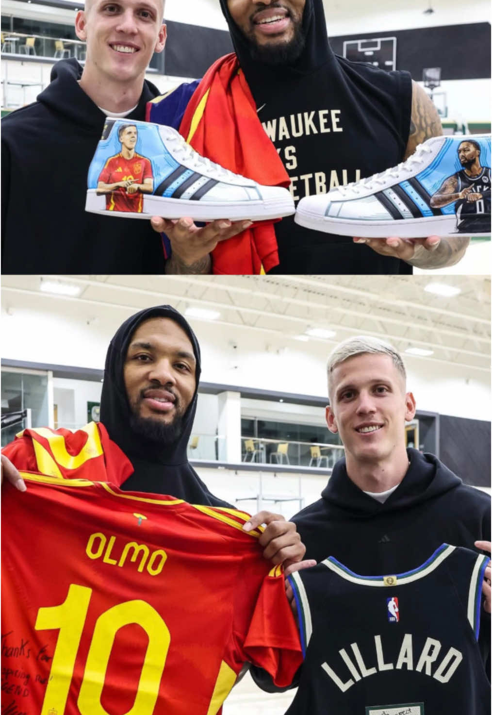 ⌚️ Dani Olmo se encontró hace unos días con su ídolo Lillard en Milwaukee  🎁 Hubo intercambió de obsequios con la estrella de los Bucks, quien inspiró su celebración en los goles #fcbarcelona #bucks #barcelona #barça #futbol #baloncesto 📹 @bucks 