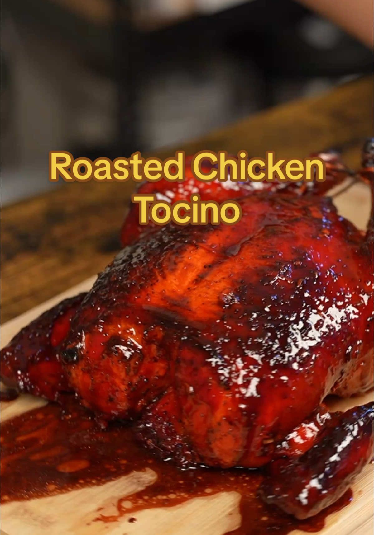 Recipe Below Whole Roasted Chicken Tocino  Ingredients: Whole Chicken (mine was 4 lbs)  Tocino Marinade: 1 Cup Pineapple Juice 1 Cup Brown Sugar 12 cloves Garlic (diced) 2 Tbsp Black Pepper 4 Tbsp Soy sauce 4 Tbsp White Vinegar 2 Tbsp Kosher Salt Red Food Coloring (around 10 drops) Instructions: 1. Make the marinade by mixing the ingredients listed above. 2. In a deep bowl, marinate your chicken. Make sure the cavity is also marinated. If possible, flip the chicken half way through the marinating process to make sure the entire chicken is marinated. You can also inject the chicken with the marinade using a flavor injector (AKA those big ahh syringes) 3. In a pan, bring the marinade to a boil, then simmer on low heat for 5 minutes. Set aside. 4. Bake for 75 minutes at 350°F. Then, brush the entire chicken with the glaze and bake at 400°F for 10 minutes. Save the pan drippings and brush the chicken after the final bake.  5. Enjoy and Happy New Year! #tocino #filipino #roastchicken #holidayrecipe #DinnerIdeas #Recipe #chicken